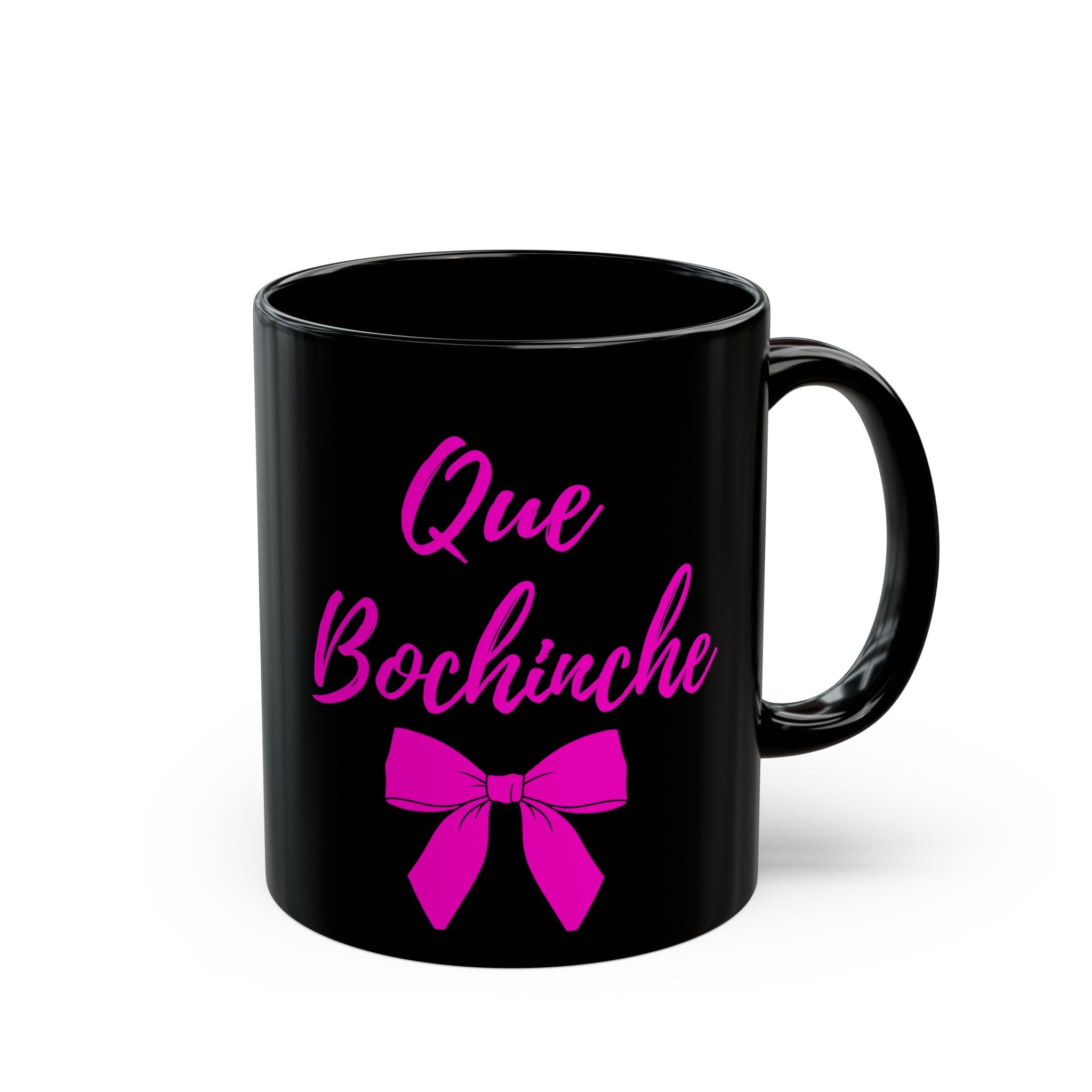 Que Bochínche Mug — Funny Spanish Phrase Coffee Cup with Pink Bow
