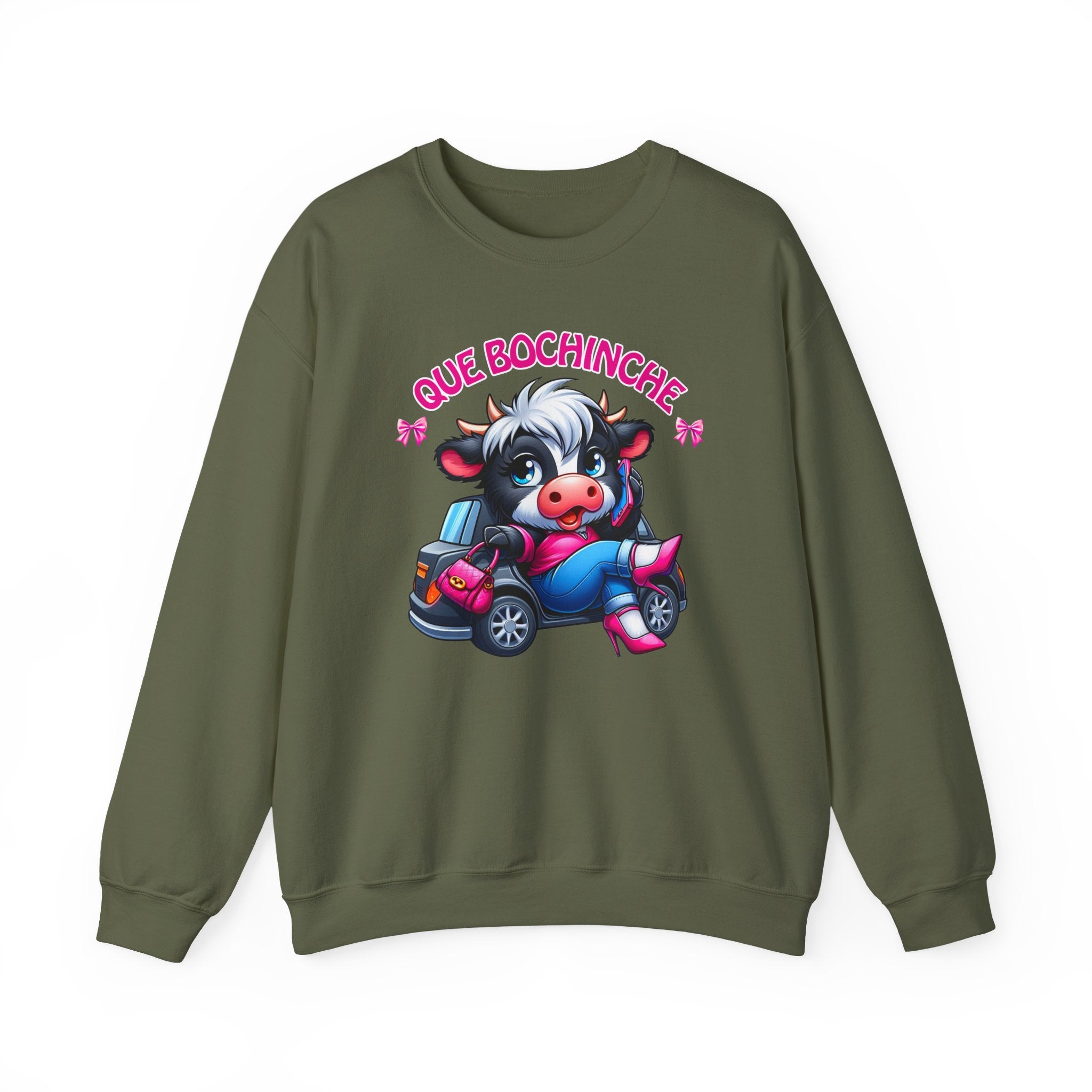 Que Bochincˊe Cow Sweatshirt — Cute Cartoon Cow Driving Graphic Crewneck