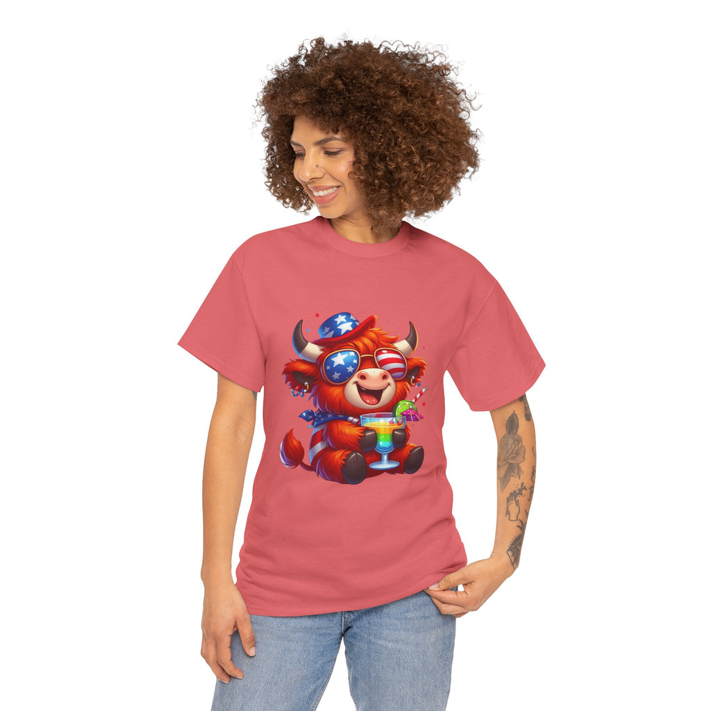 Cow Tee — Cute Patriotic Cow Holding Drink Graphic T‑Shirt