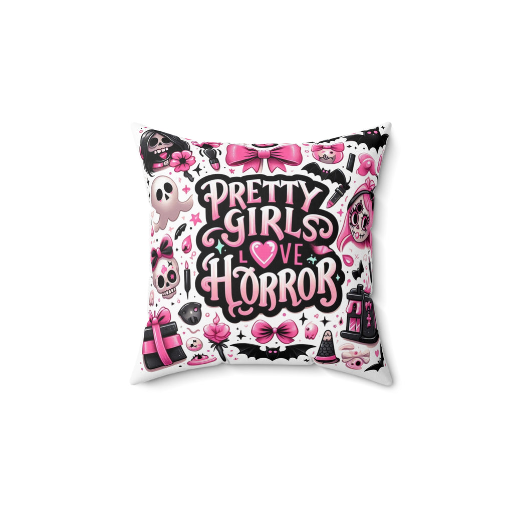 Throw Pillow — "Pretty Girls Love Horror" Cute Pink Gothic Decorative Pillow
