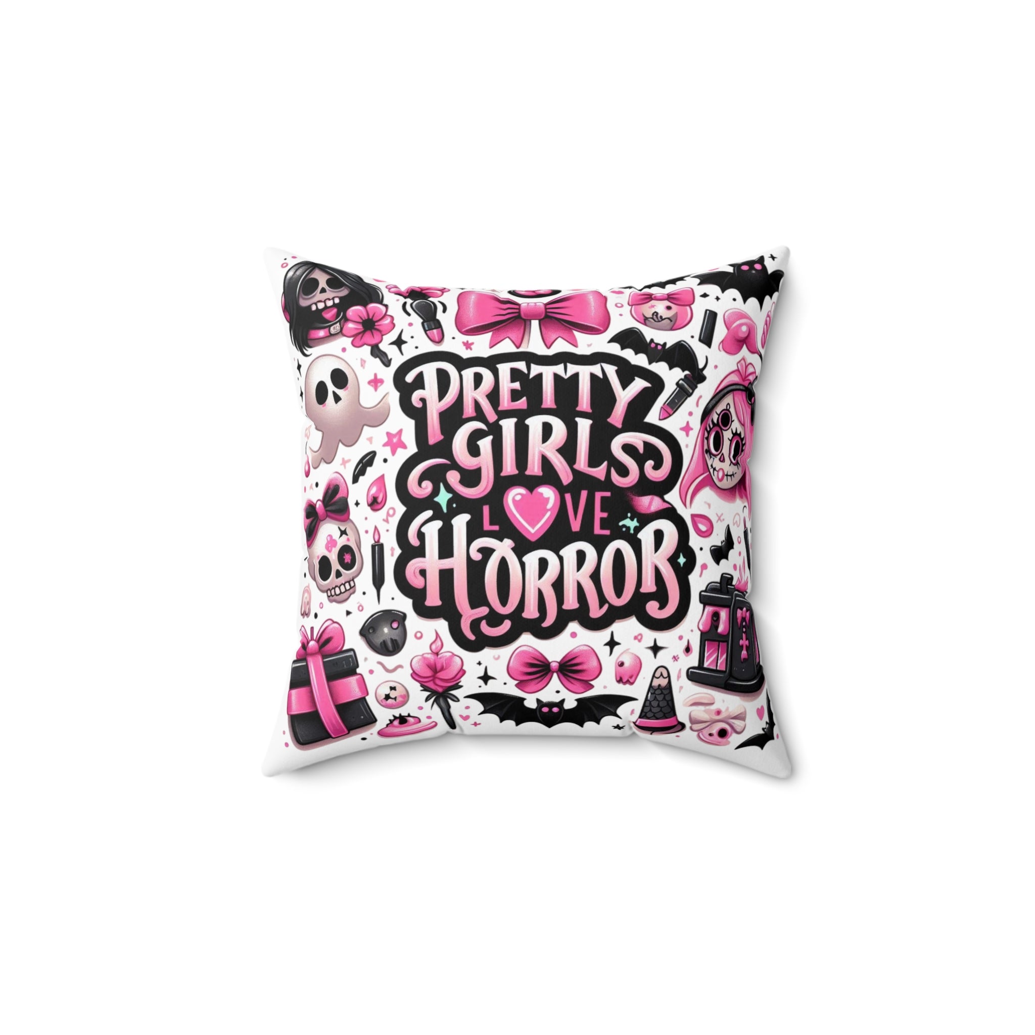 Throw Pillow — "Pretty Girls Love Horror" Cute Pink Gothic Decorative Pillow