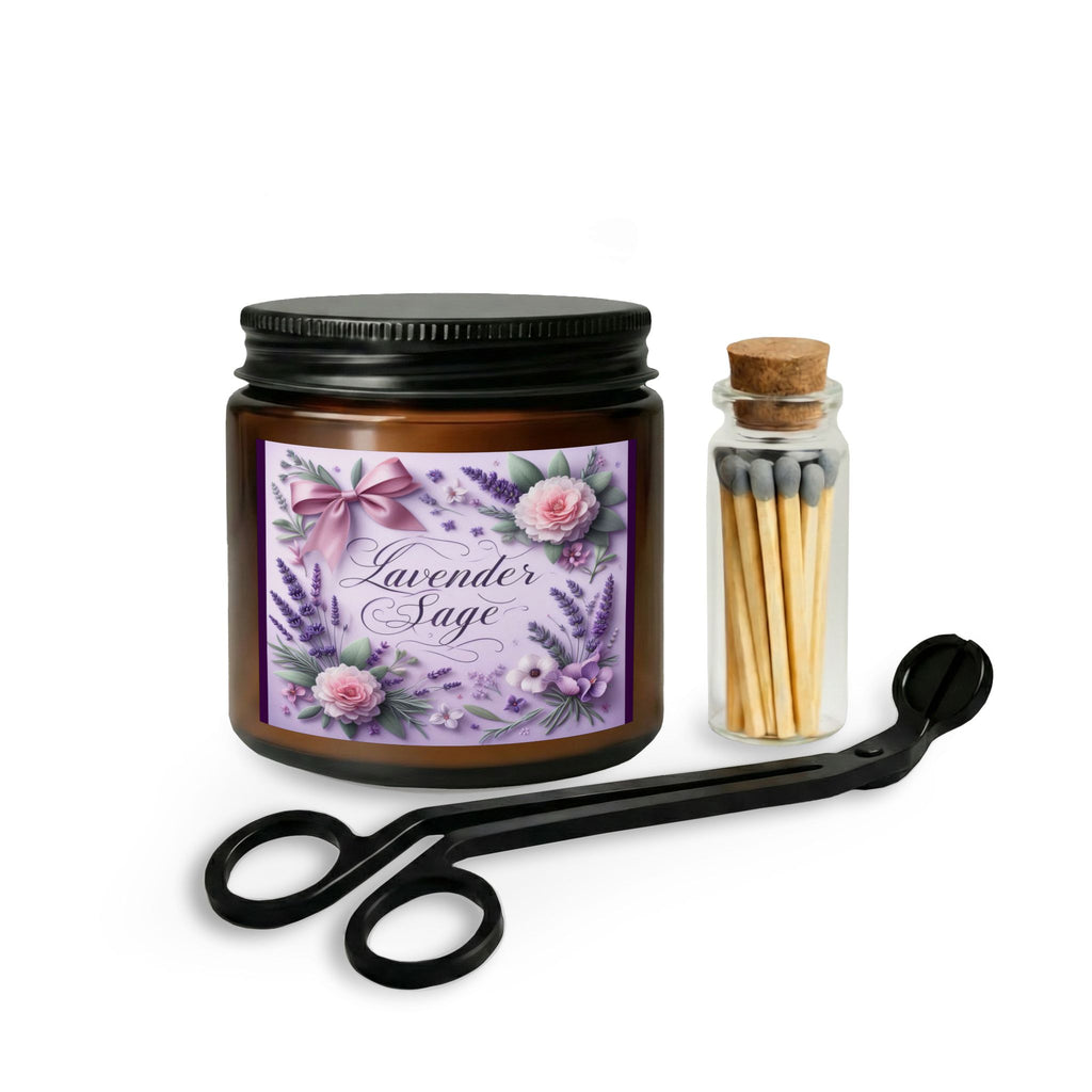 Lavender Sage Candle Set — Aromatherapy Jar with Matches & Wick Trimmer
