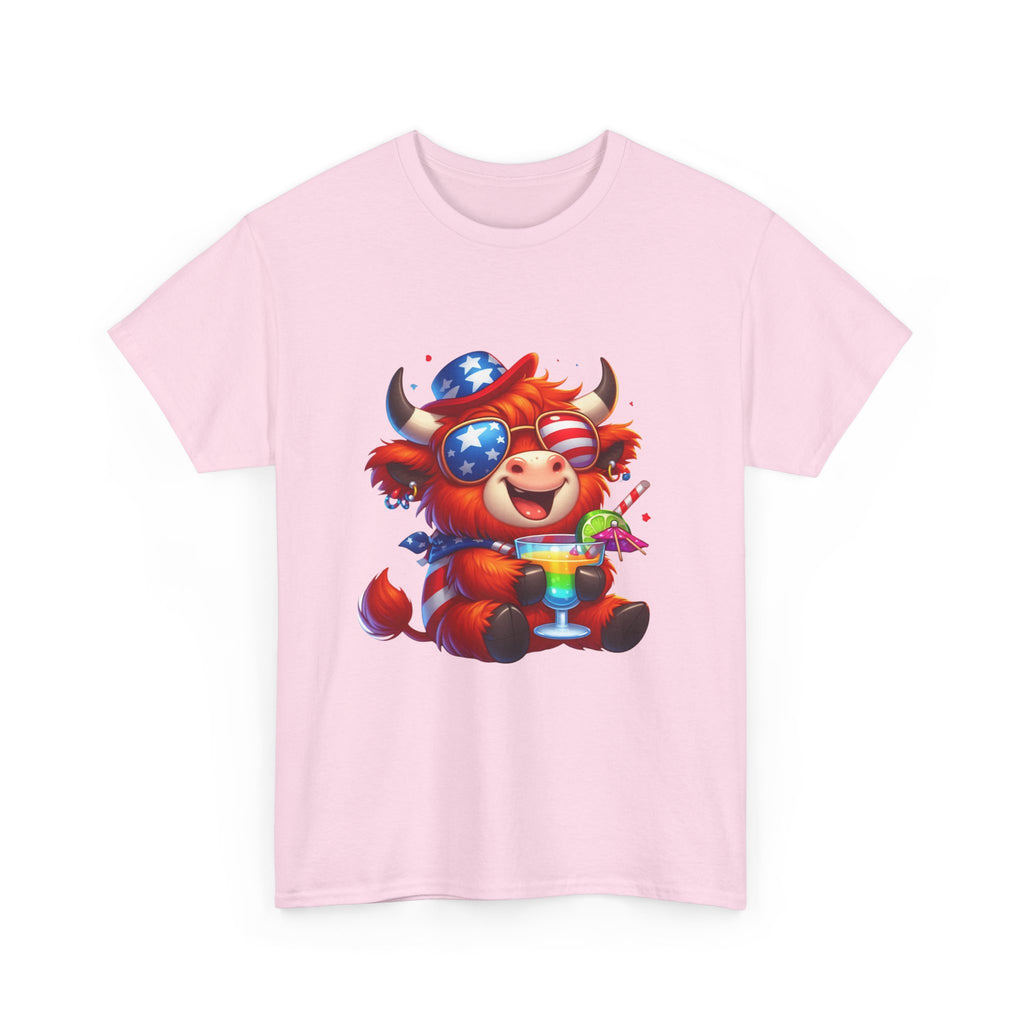 Cow Tee — Cute Patriotic Cow Holding Drink Graphic T‑Shirt