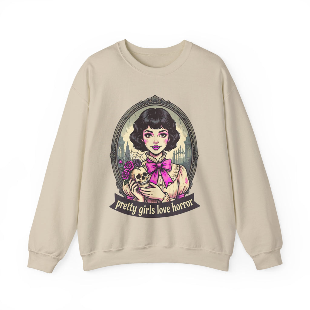 Horror Girl Crewneck Sweatshirt — "Pretty Girls Love Horror" Retro Goth Pullover