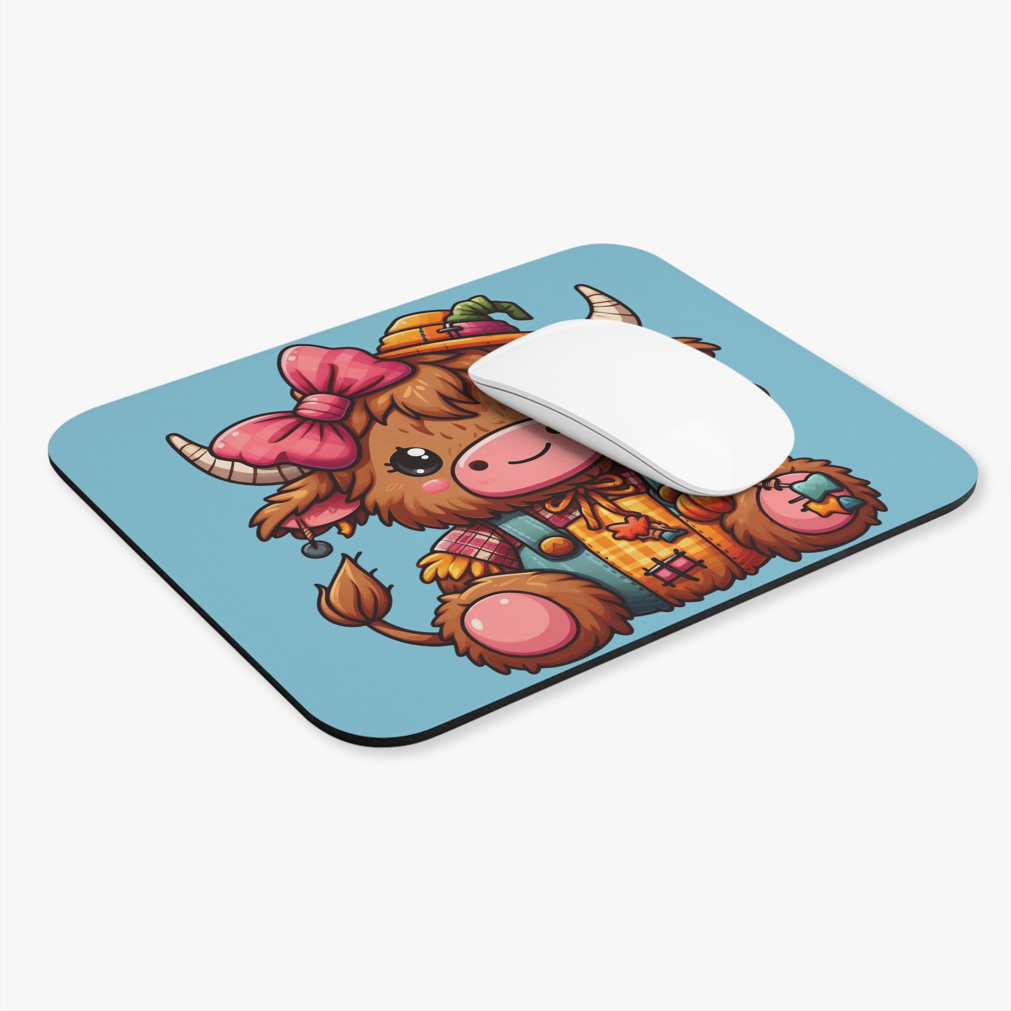Cute Highland Cow Mouse Pad — Pastel Autumn Scarecrow Design