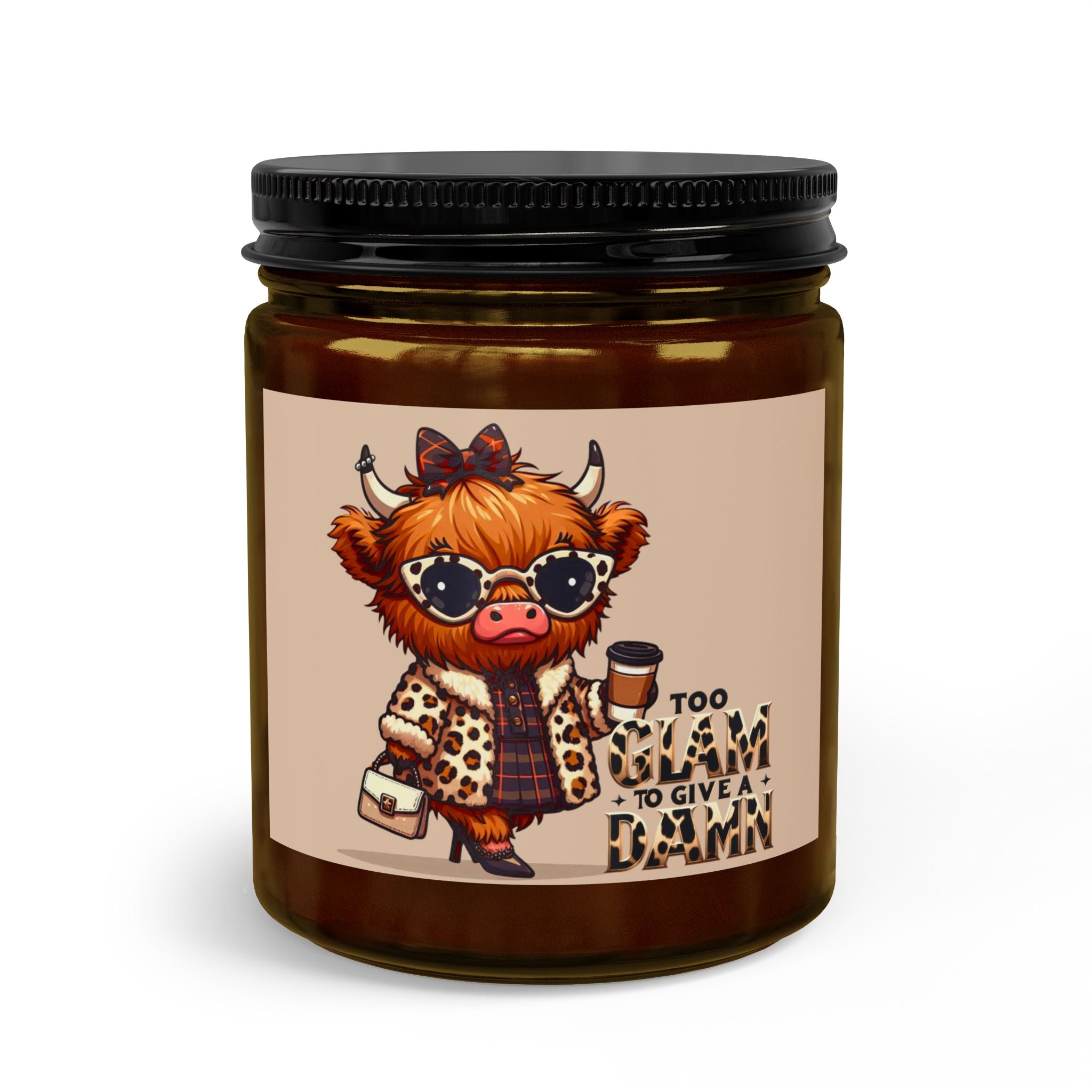 Coquette And Sassy Cute Highland Cow Candle Set — "Too Glam to Give a Damn" Scented Jar with Matches & Wick Trimmer