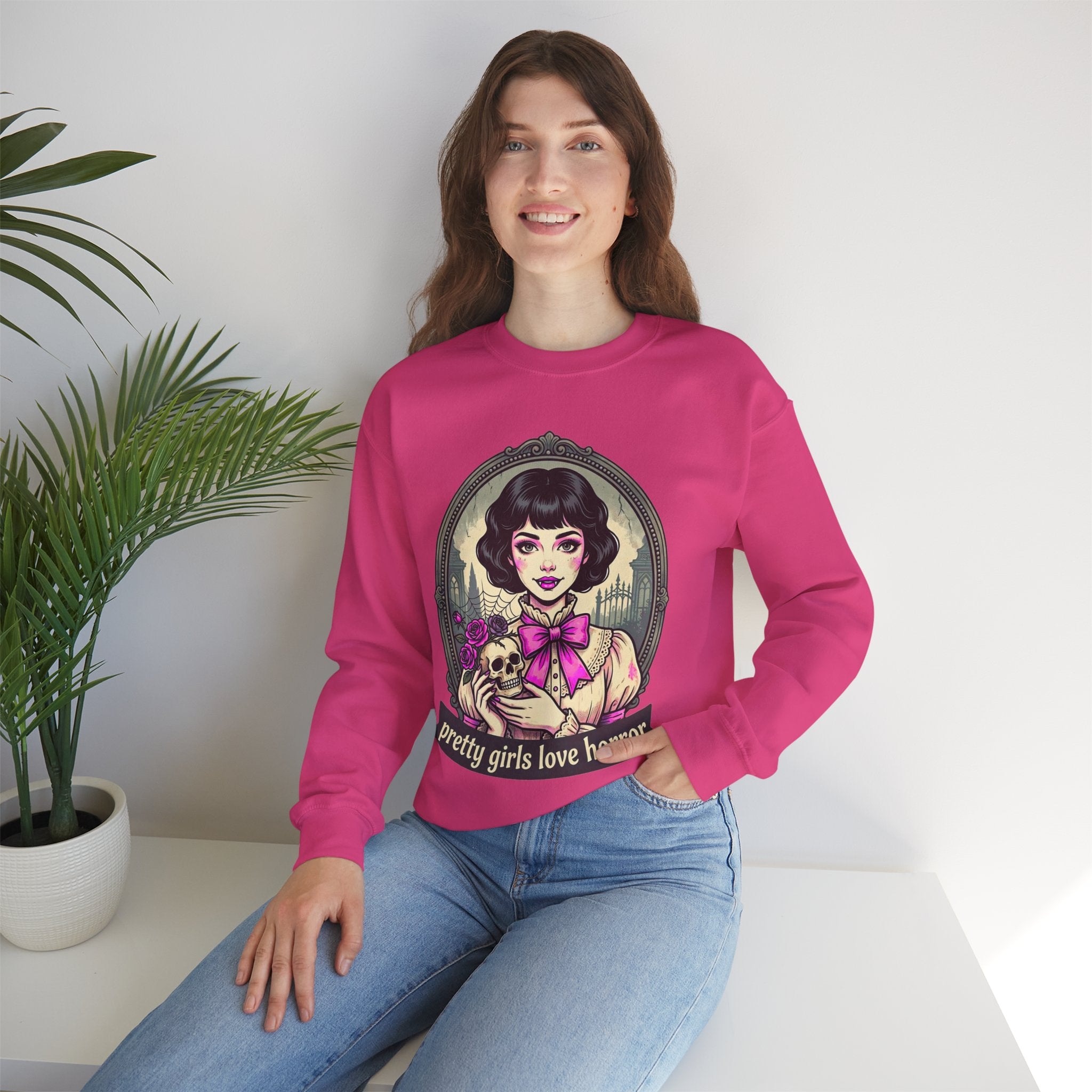 Horror Girl Crewneck Sweatshirt — "Pretty Girls Love Horror" Retro Goth Pullover