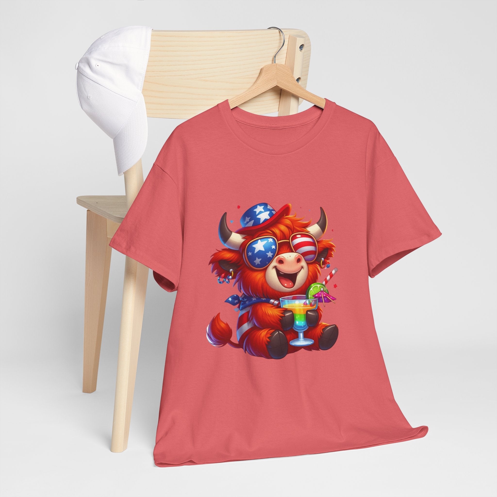 Cow Tee — Cute Patriotic Cow Holding Drink Graphic T‑Shirt