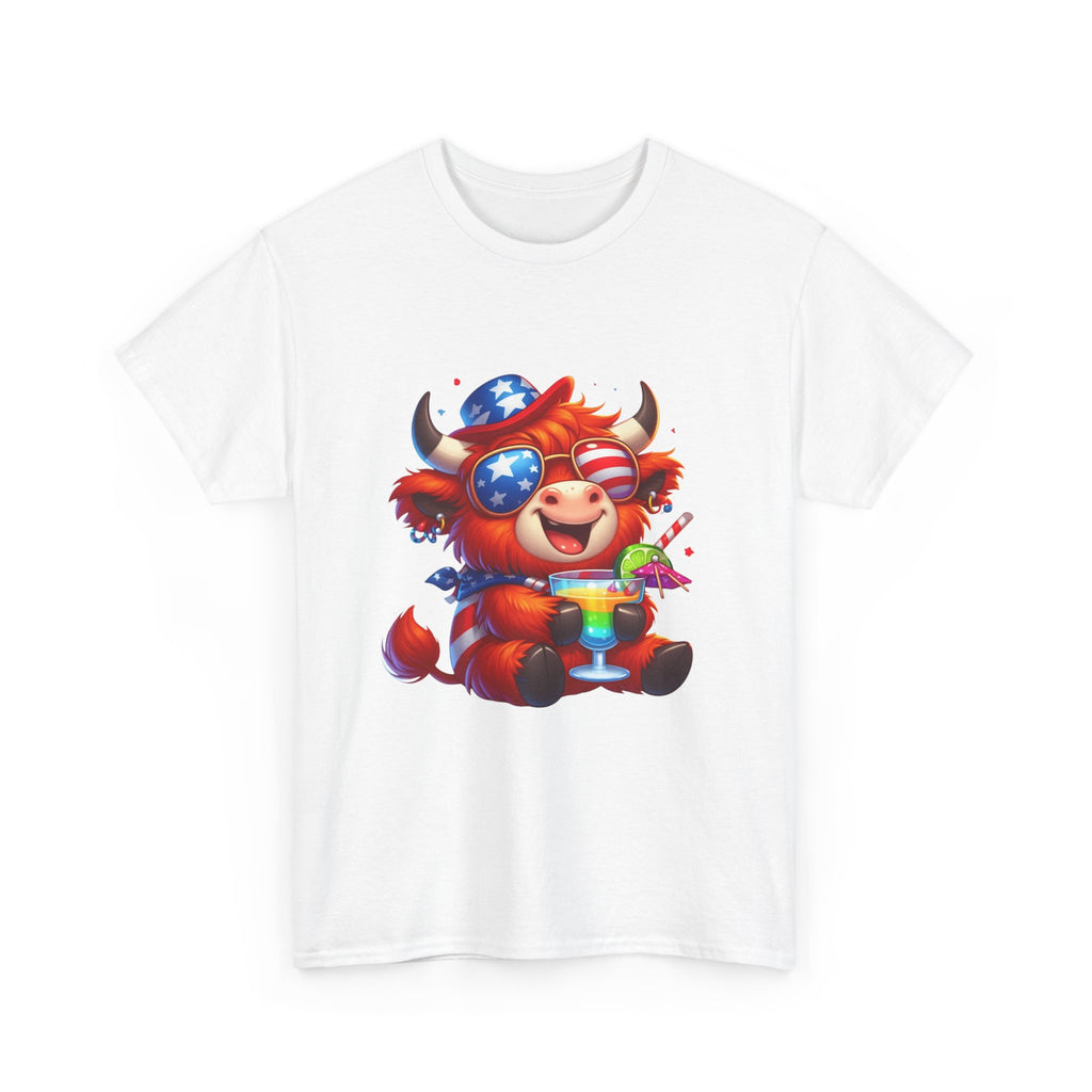 Cow Tee — Cute Patriotic Cow Holding Drink Graphic T‑Shirt