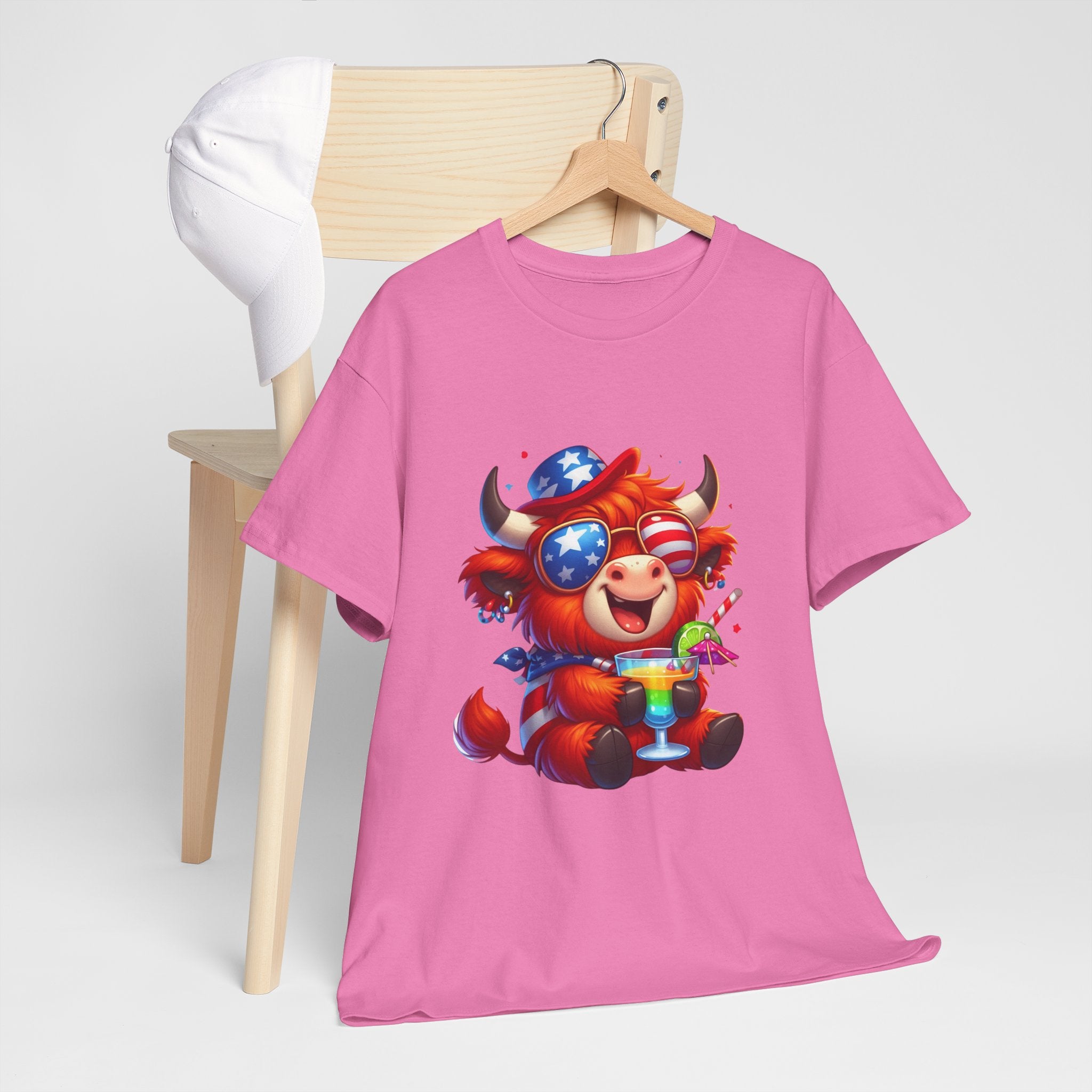 Cow Tee — Cute Patriotic Cow Holding Drink Graphic T‑Shirt