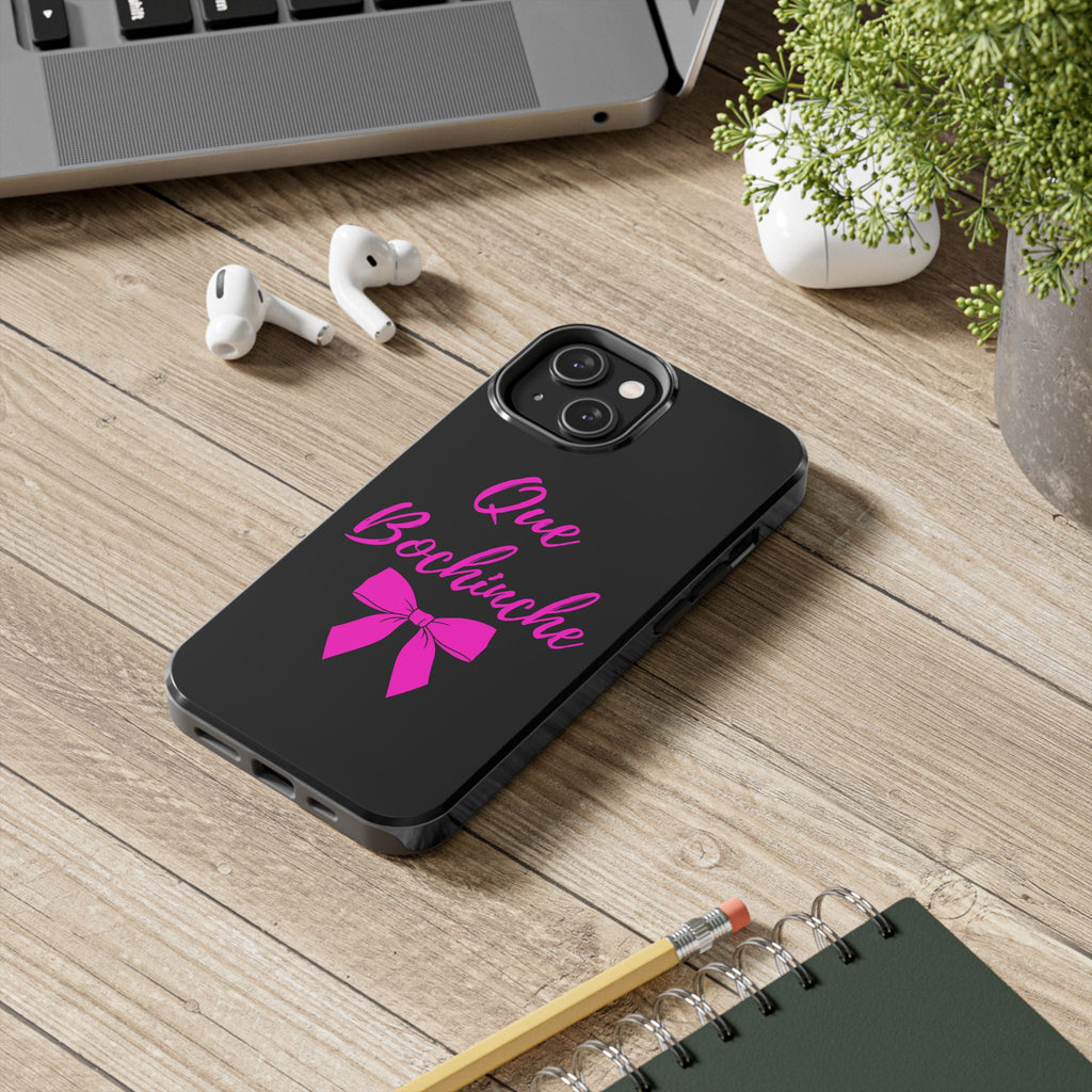 Que Bochinche Phone Case — Pink Script & Bow Tough Protective Cover