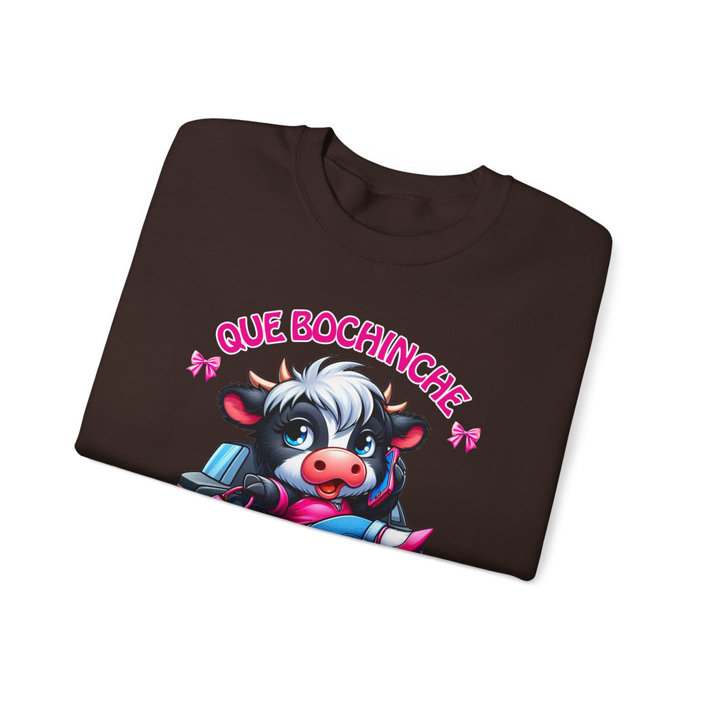 Que Bochincˊe Cow Sweatshirt — Cute Cartoon Cow Driving Graphic Crewneck