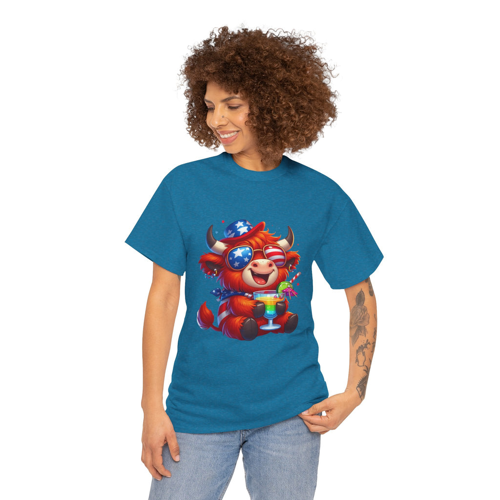 Cow Tee — Cute Patriotic Cow Holding Drink Graphic T‑Shirt