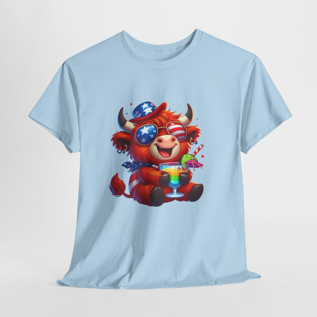 Cow Tee — Cute Patriotic Cow Holding Drink Graphic T‑Shirt