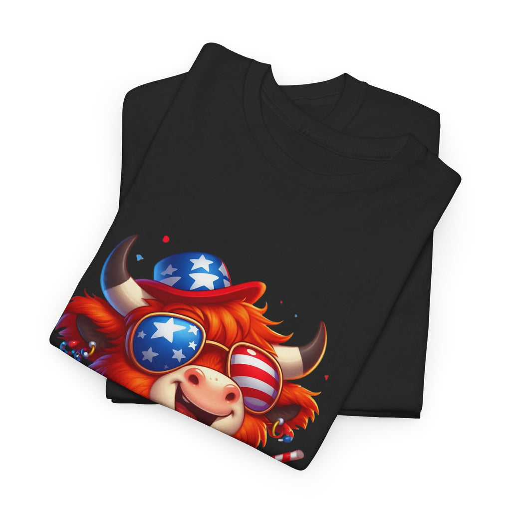 Cow Tee — Cute Patriotic Cow Holding Drink Graphic T‑Shirt