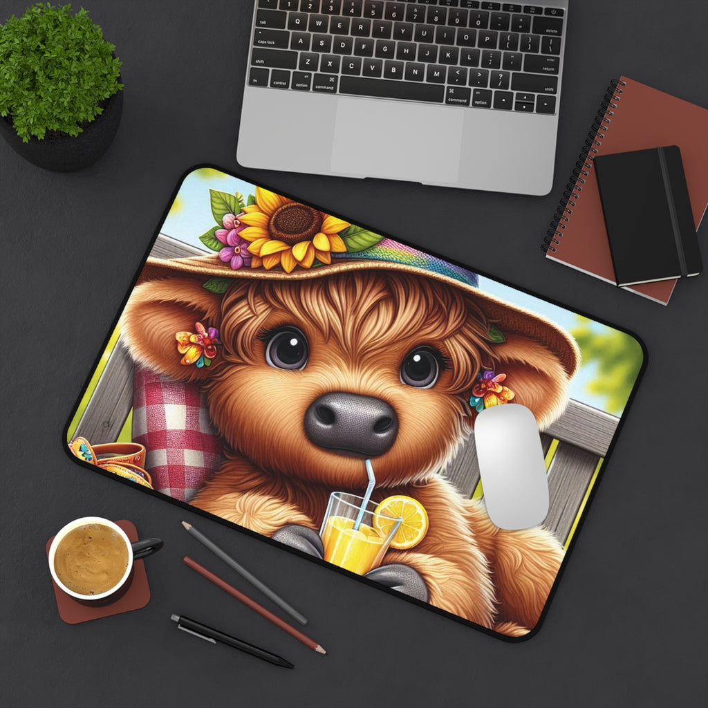 Cute Cow Desk Mat — Sunny Sunflower Cow with Lemonade Mousepad