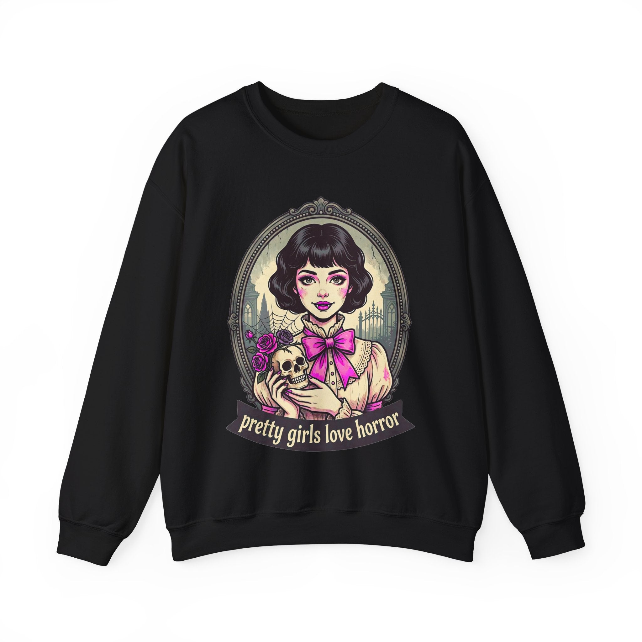 Horror Girl Crewneck Sweatshirt — "Pretty Girls Love Horror" Retro Goth Pullover