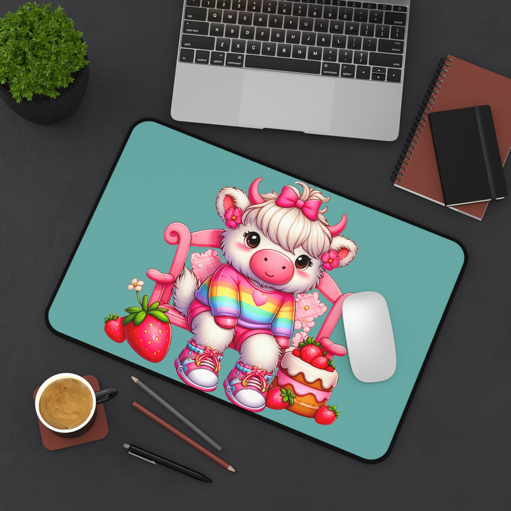 Cute Cow Desk Mat — Pastel Rainbow Cow with Strawberries & Cake