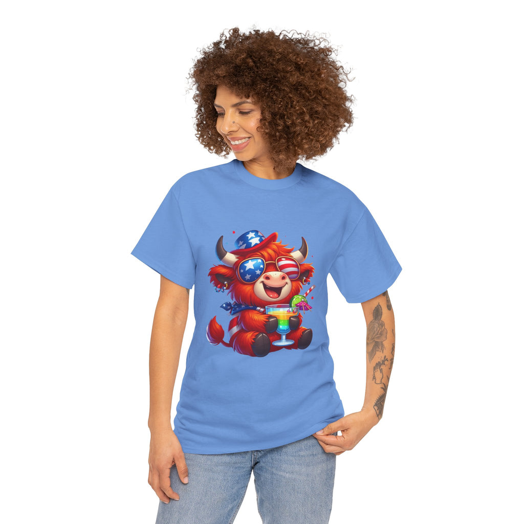 Cow Tee — Cute Patriotic Cow Holding Drink Graphic T‑Shirt
