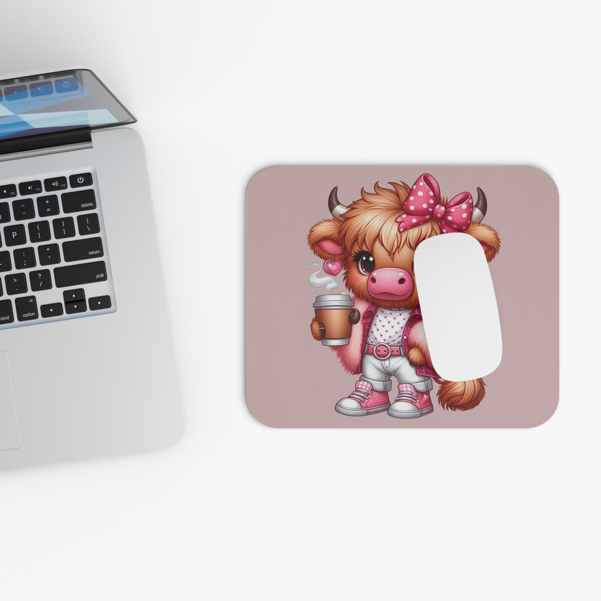 Cute Highland Cow Coffee Mouse Pad — Kawaii Pink Desk Mat for Animal Lovers