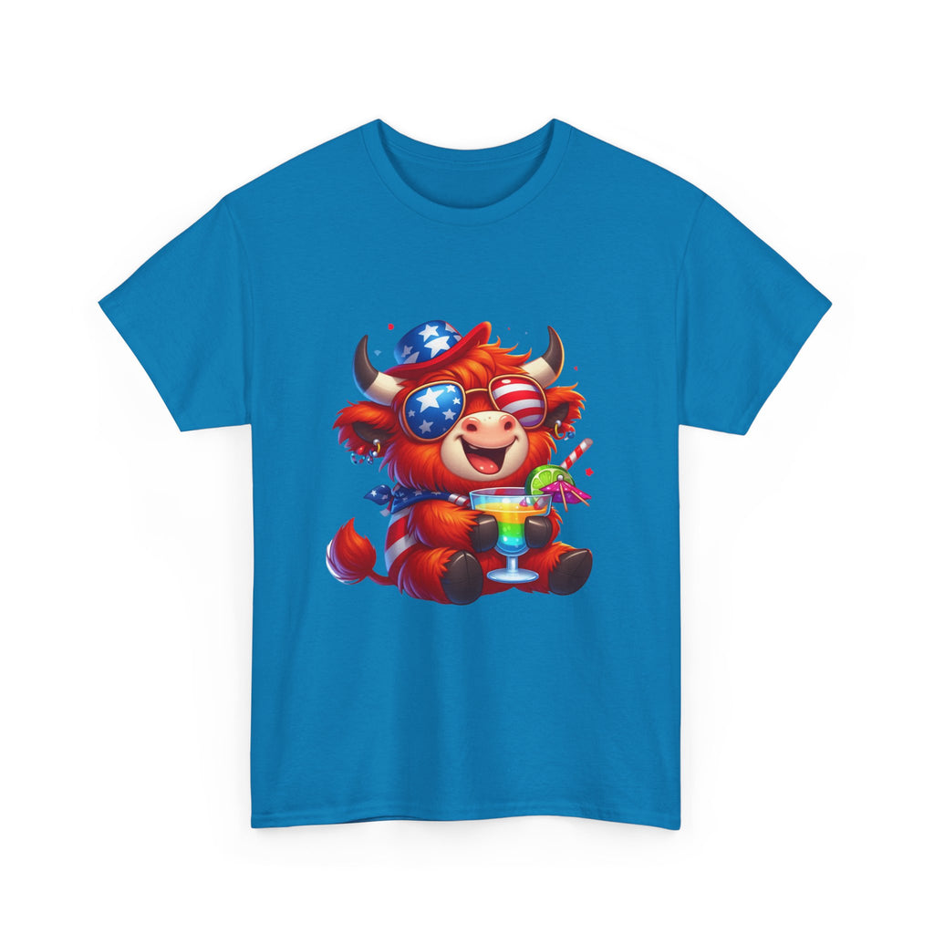 Cow Tee — Cute Patriotic Cow Holding Drink Graphic T‑Shirt