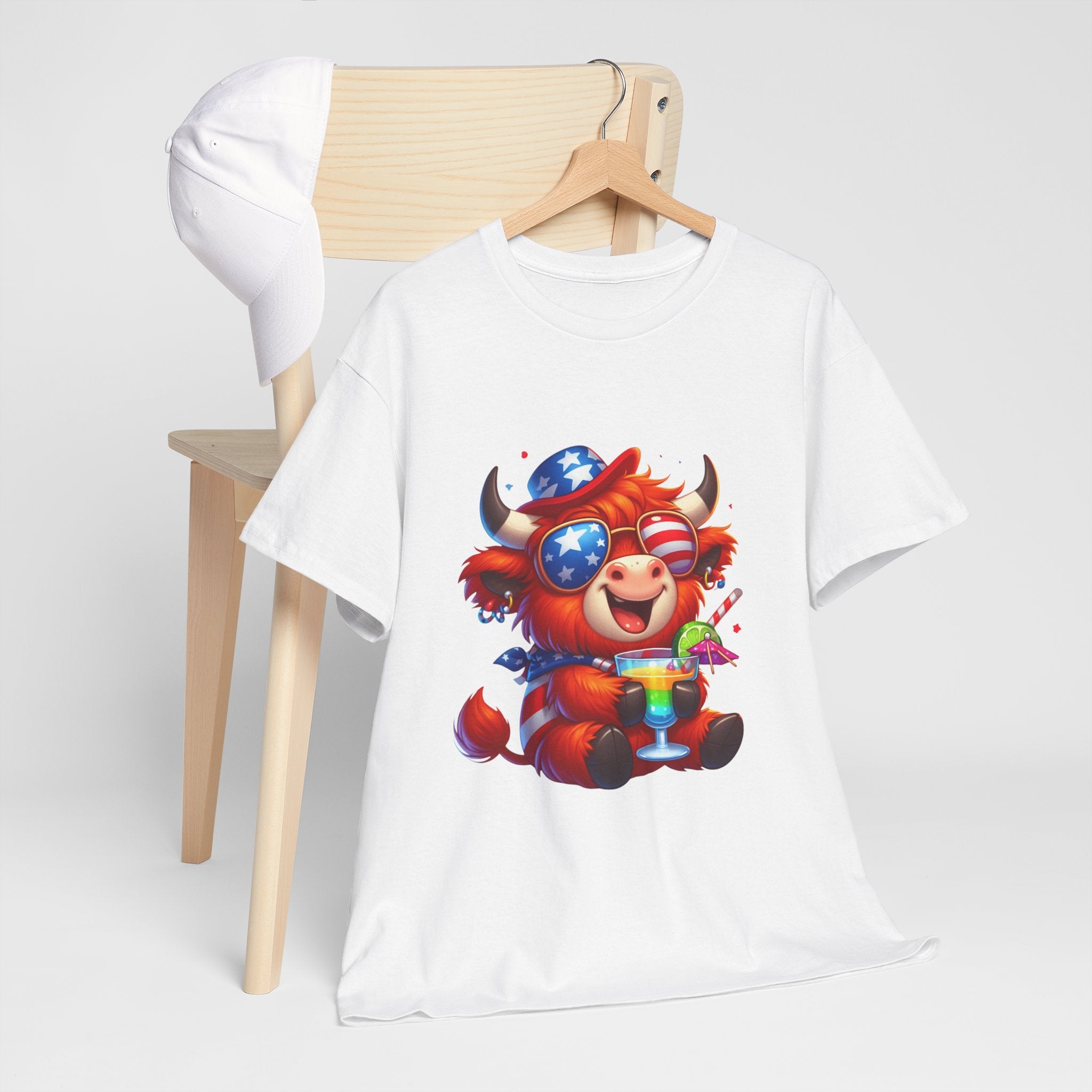 Cow Tee — Cute Patriotic Cow Holding Drink Graphic T‑Shirt