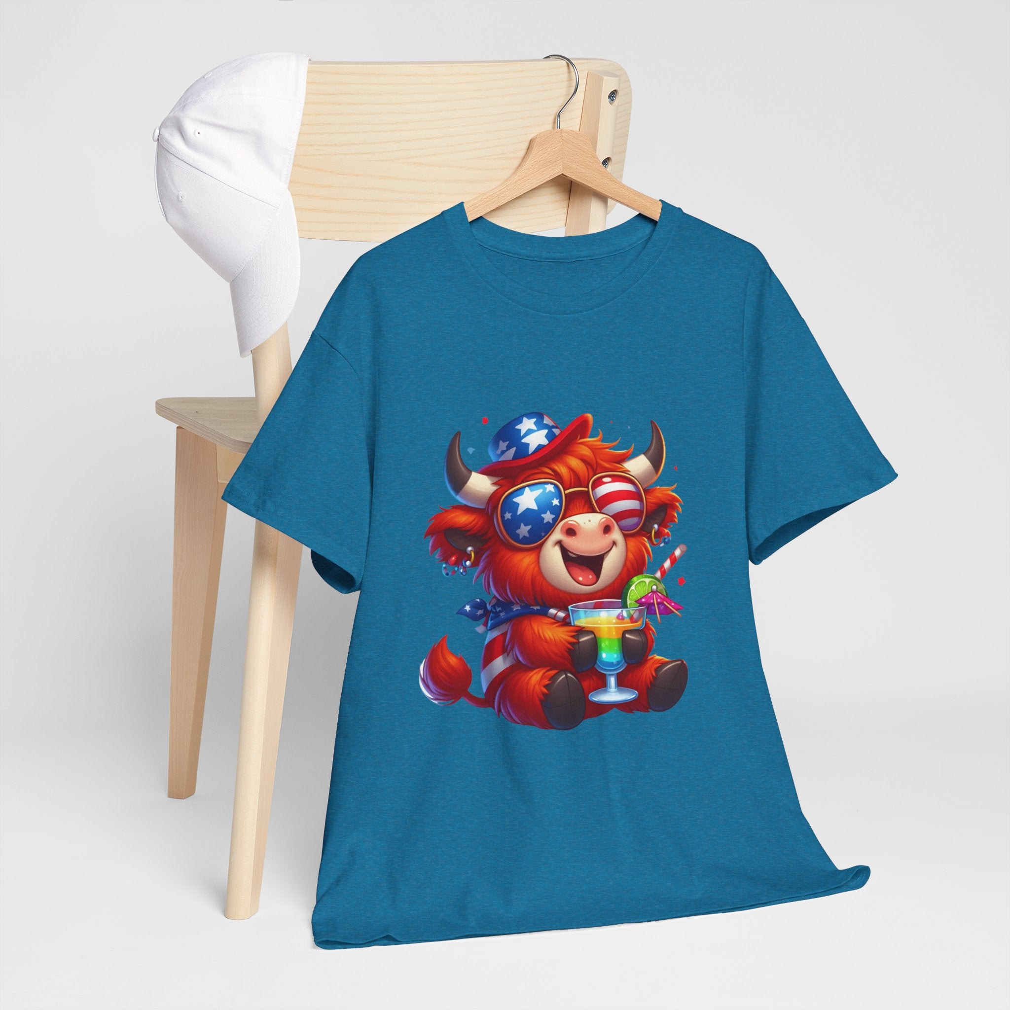 Cow Tee — Cute Patriotic Cow Holding Drink Graphic T‑Shirt