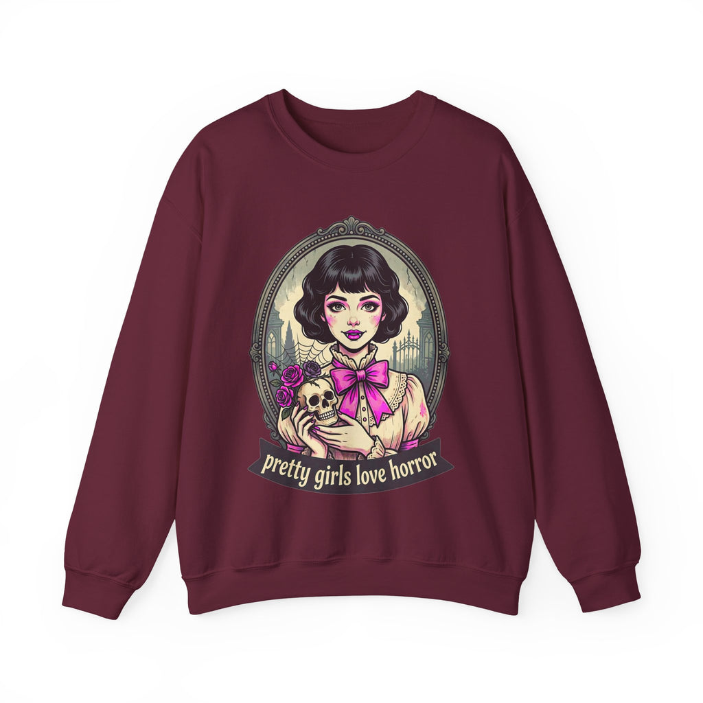 Horror Girl Crewneck Sweatshirt — "Pretty Girls Love Horror" Retro Goth Pullover