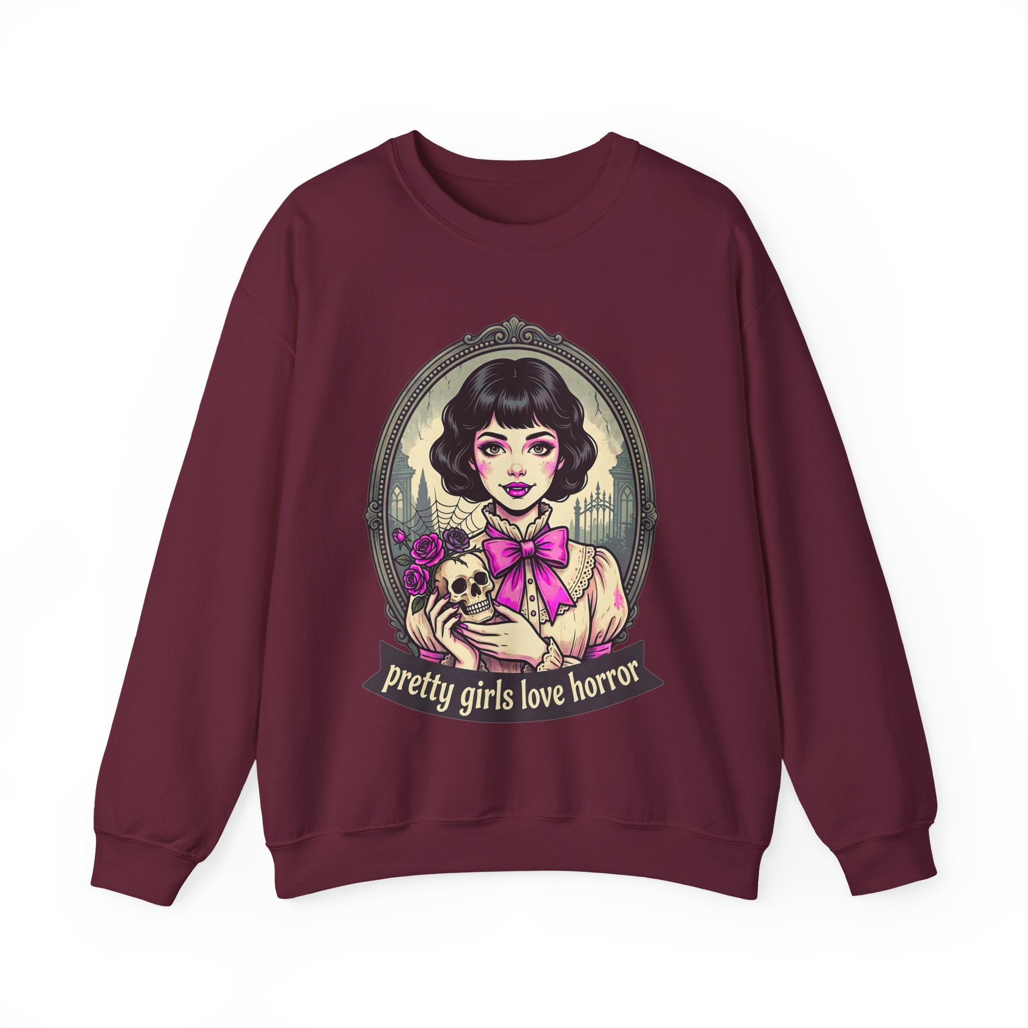Horror Girl Crewneck Sweatshirt — "Pretty Girls Love Horror" Retro Goth Pullover