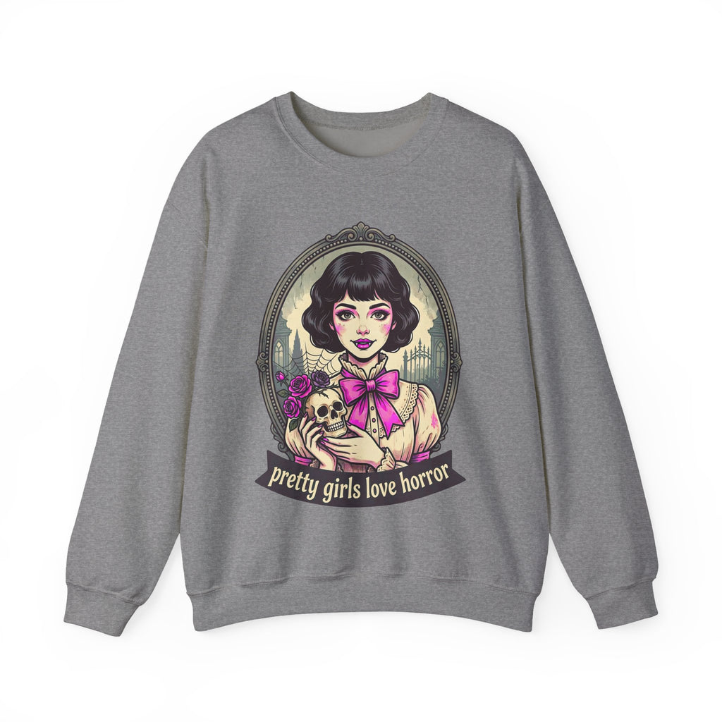 Horror Girl Crewneck Sweatshirt — "Pretty Girls Love Horror" Retro Goth Pullover