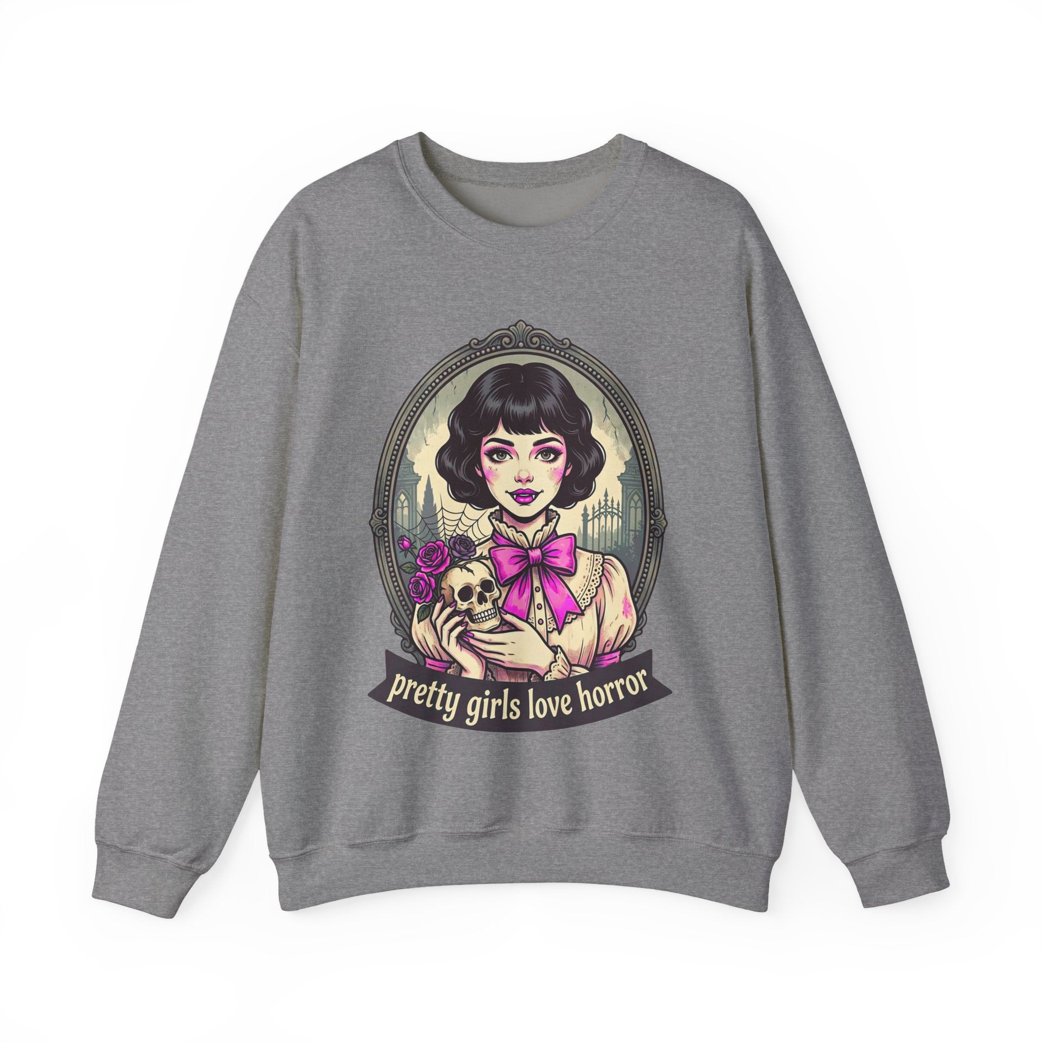 Horror Girl Crewneck Sweatshirt — "Pretty Girls Love Horror" Retro Goth Pullover