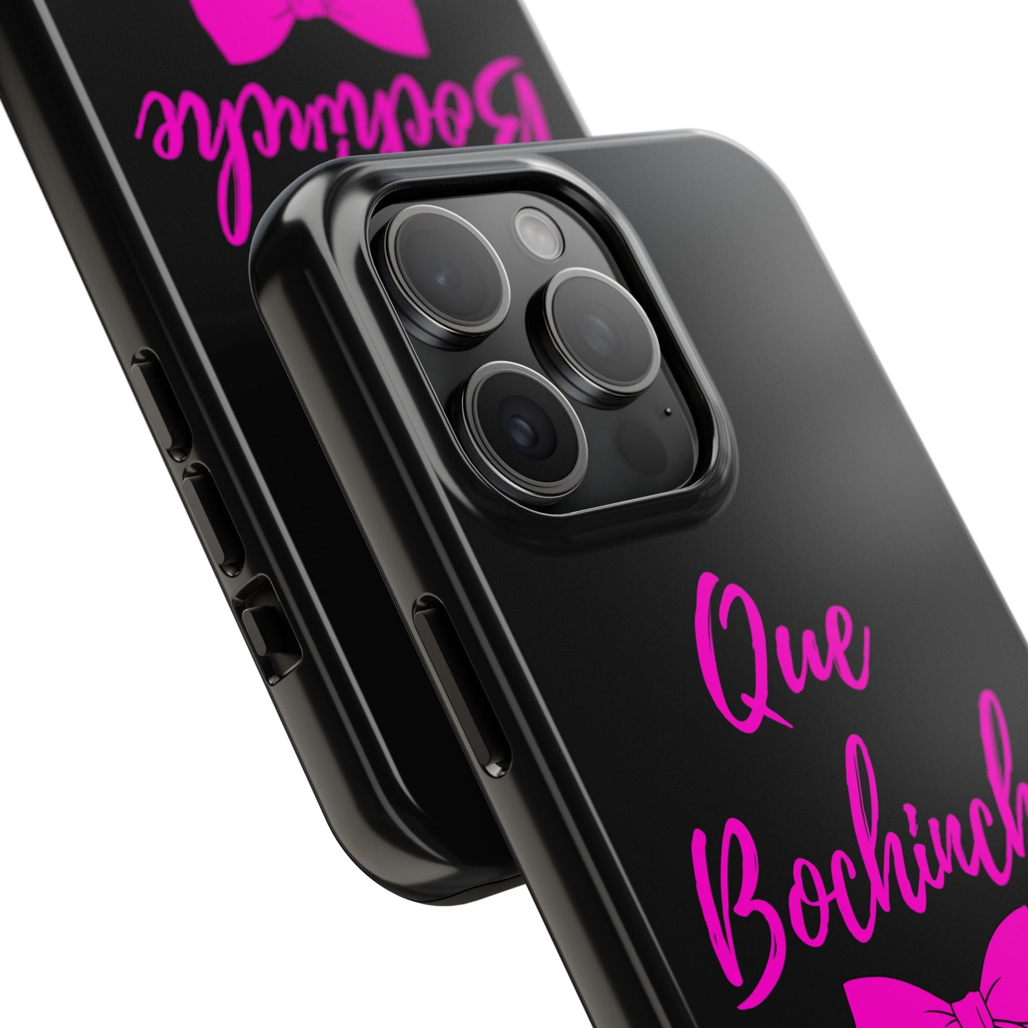 Que Bochinche Phone Case — Pink Script & Bow Tough Protective Cover