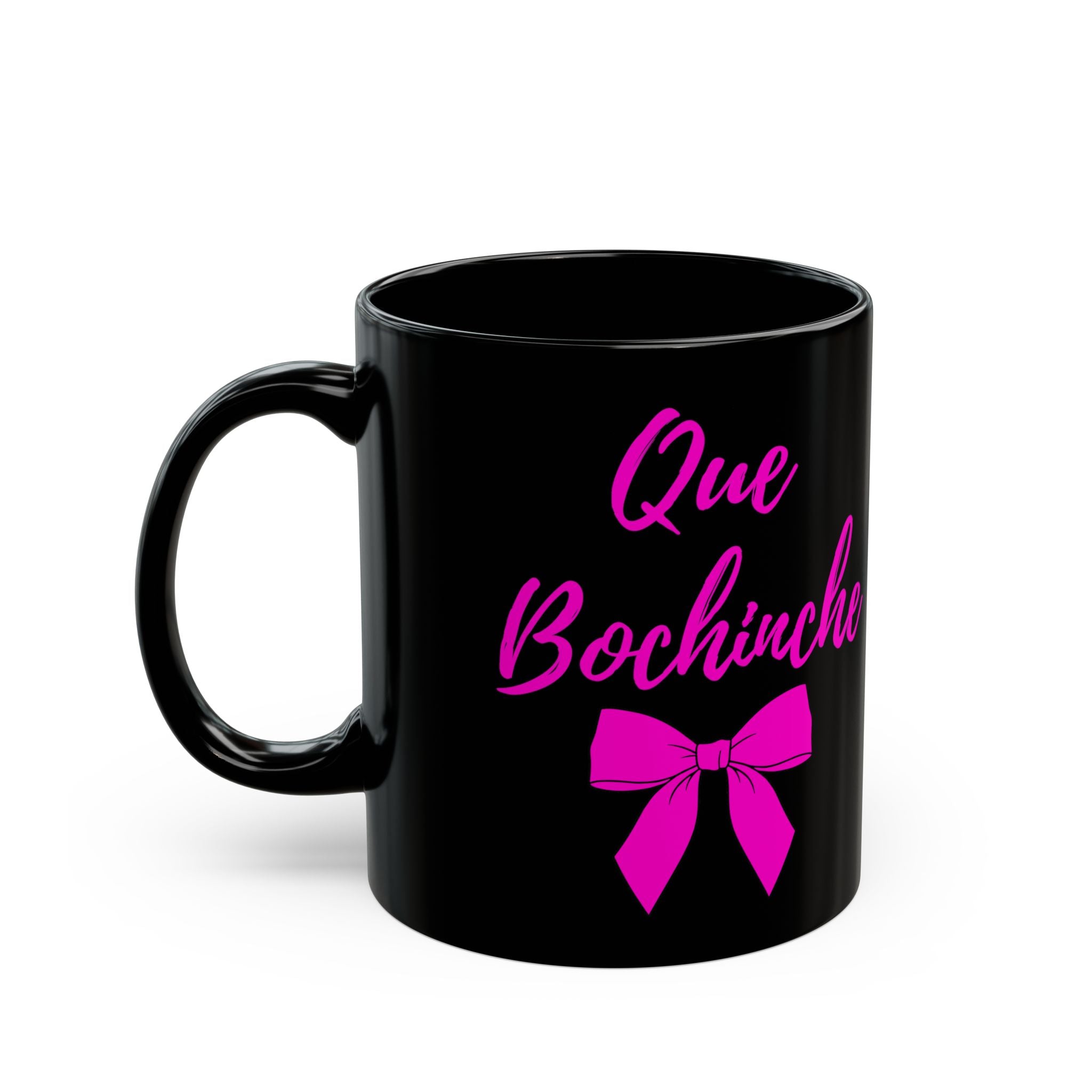 Que Bochínche Mug — Funny Spanish Phrase Coffee Cup with Pink Bow