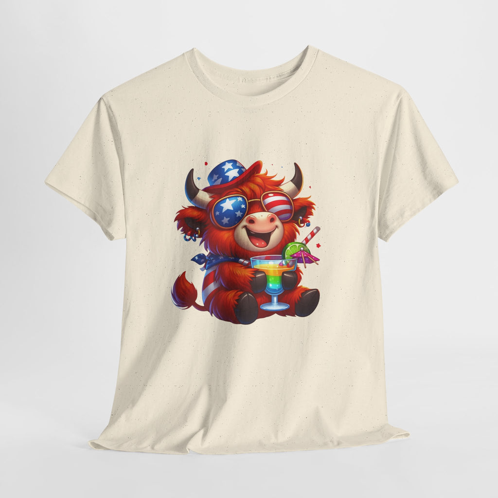 Cow Tee — Cute Patriotic Cow Holding Drink Graphic T‑Shirt