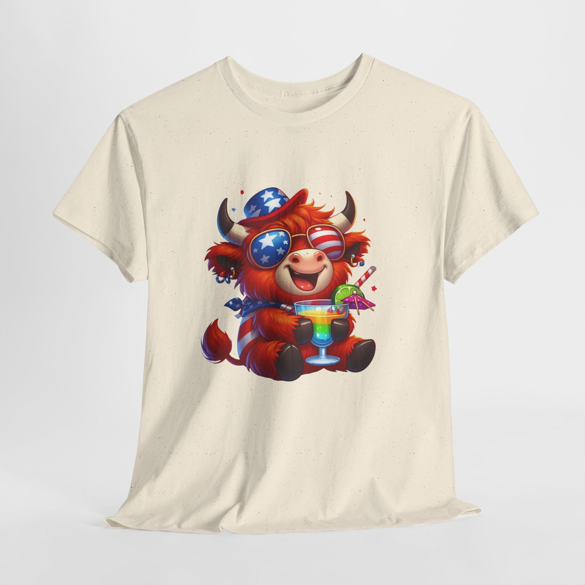 Cow Tee — Cute Patriotic Cow Holding Drink Graphic T‑Shirt