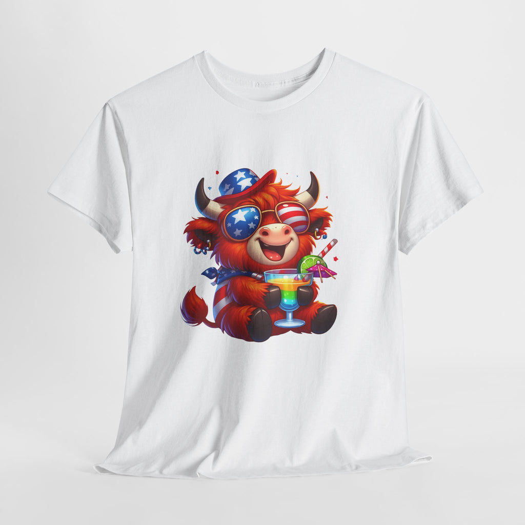 Cow Tee — Cute Patriotic Cow Holding Drink Graphic T‑Shirt