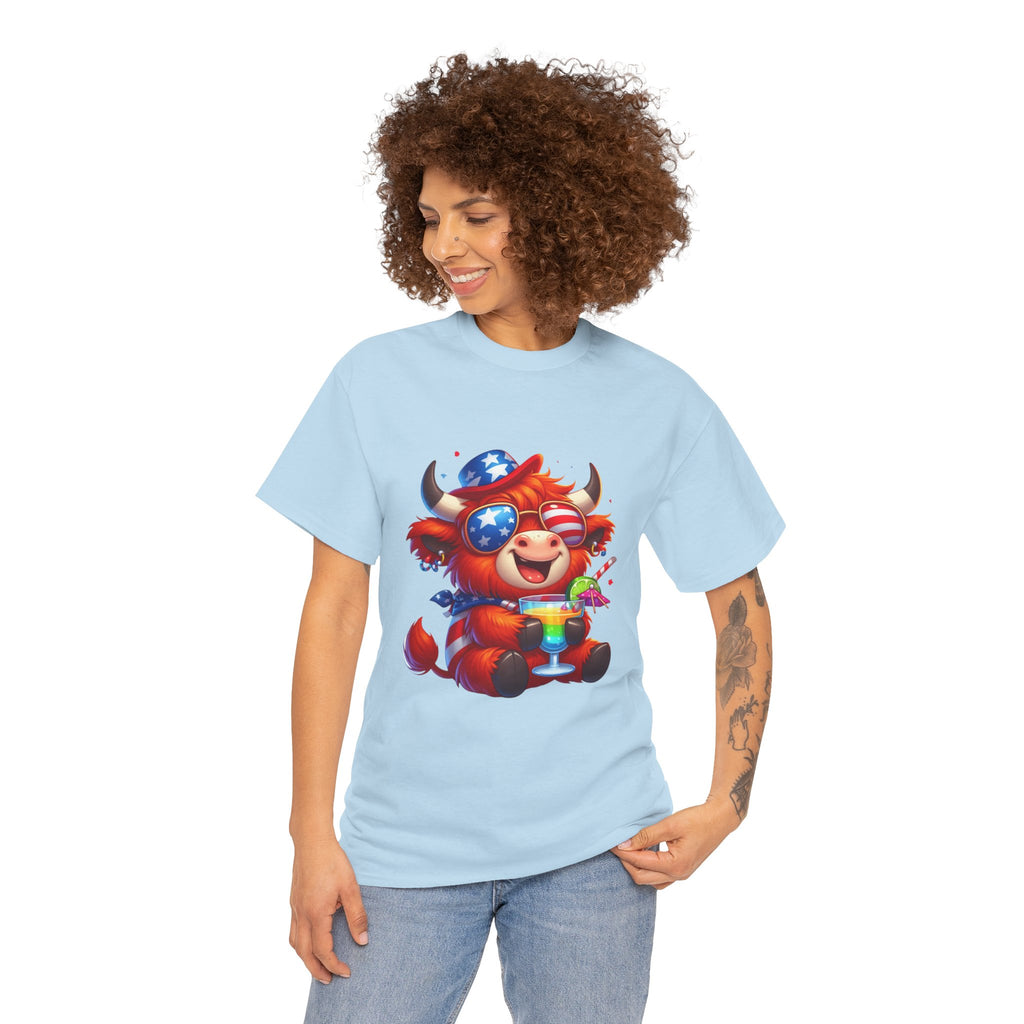 Cow Tee — Cute Patriotic Cow Holding Drink Graphic T‑Shirt