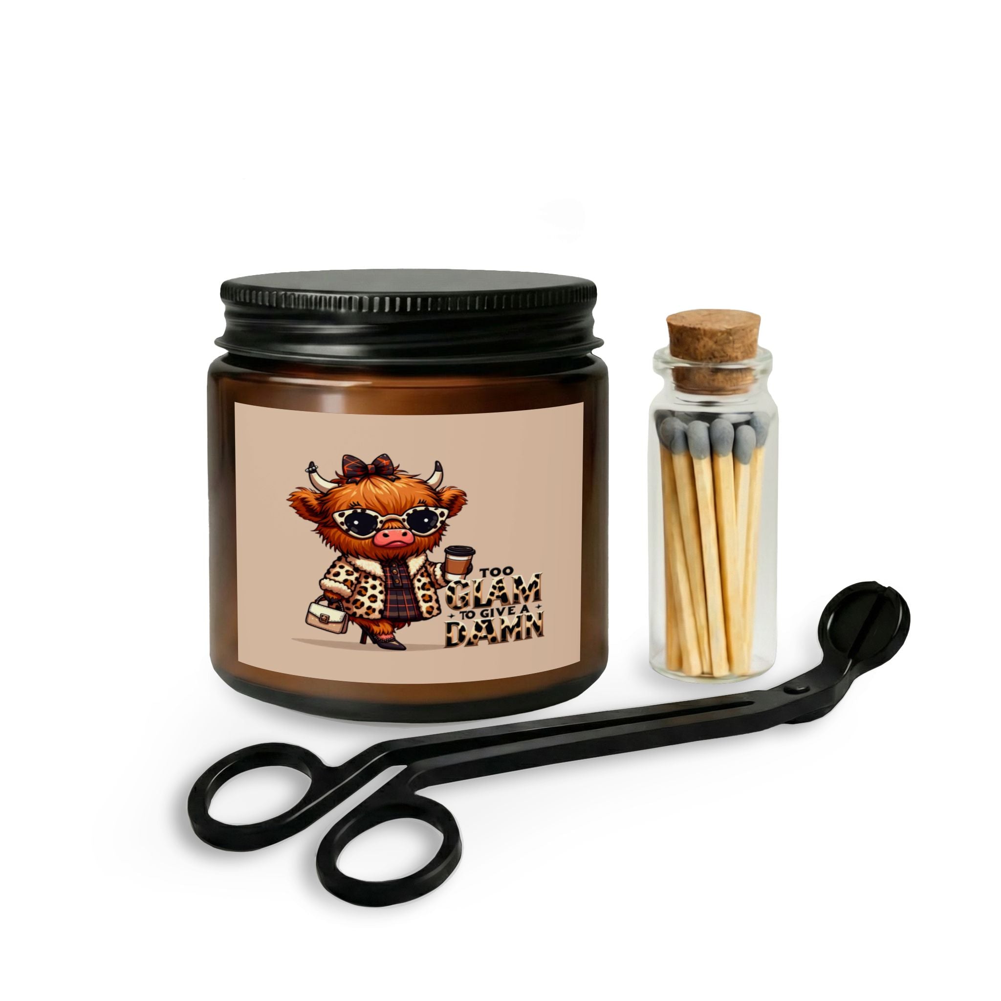 Coquette And Sassy Cute Highland Cow Candle Set — "Too Glam to Give a Damn" Scented Jar with Matches & Wick Trimmer