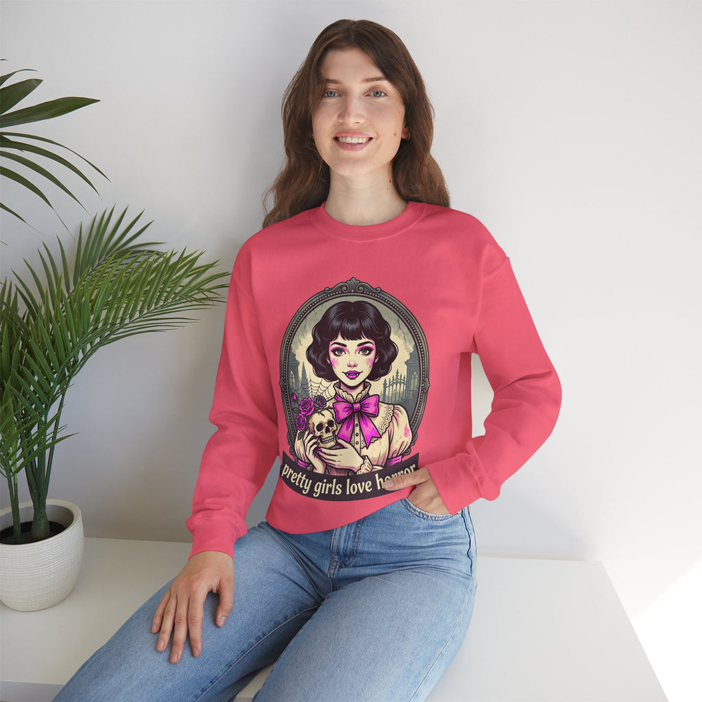 Horror Girl Crewneck Sweatshirt — "Pretty Girls Love Horror" Retro Goth Pullover
