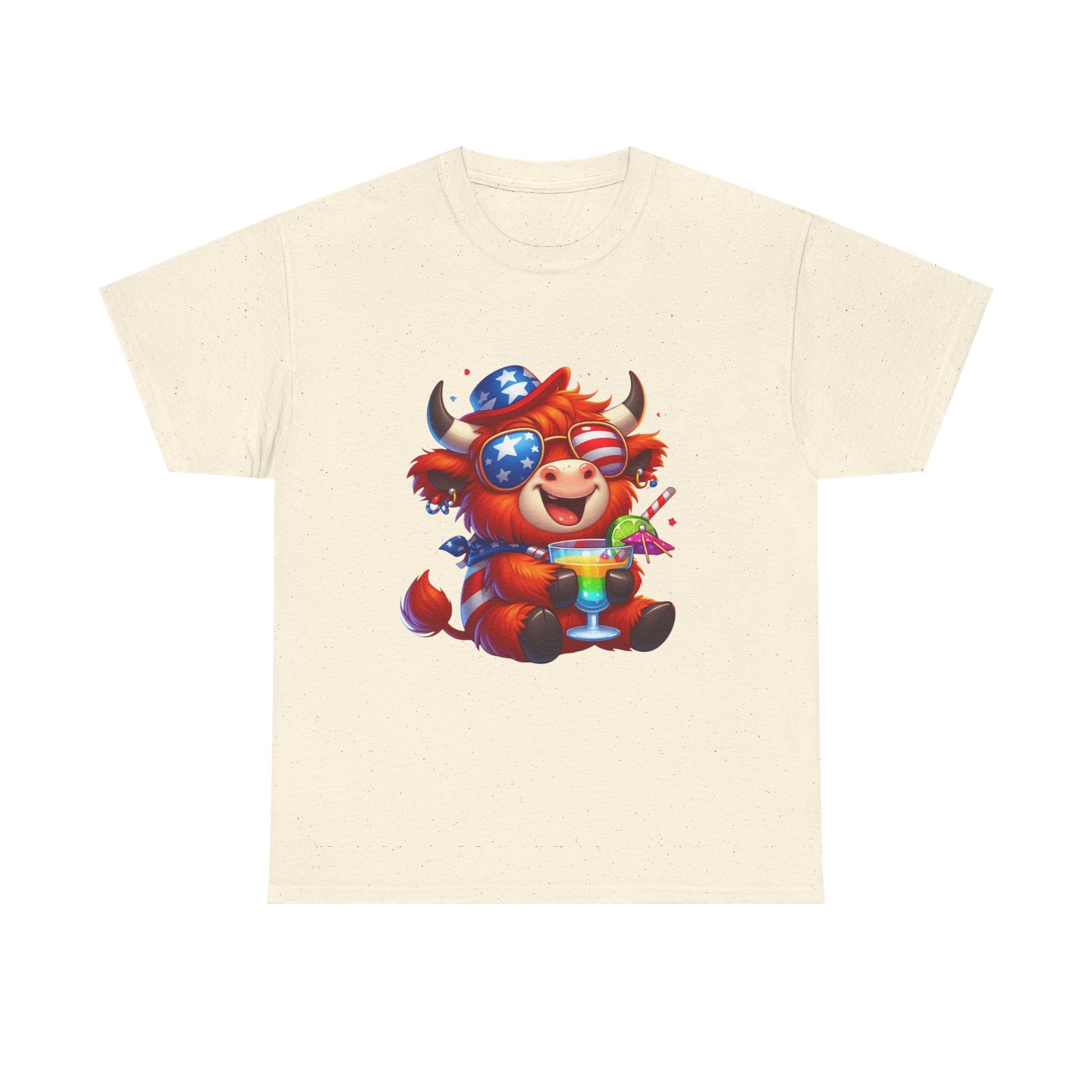 Cow Tee — Cute Patriotic Cow Holding Drink Graphic T‑Shirt
