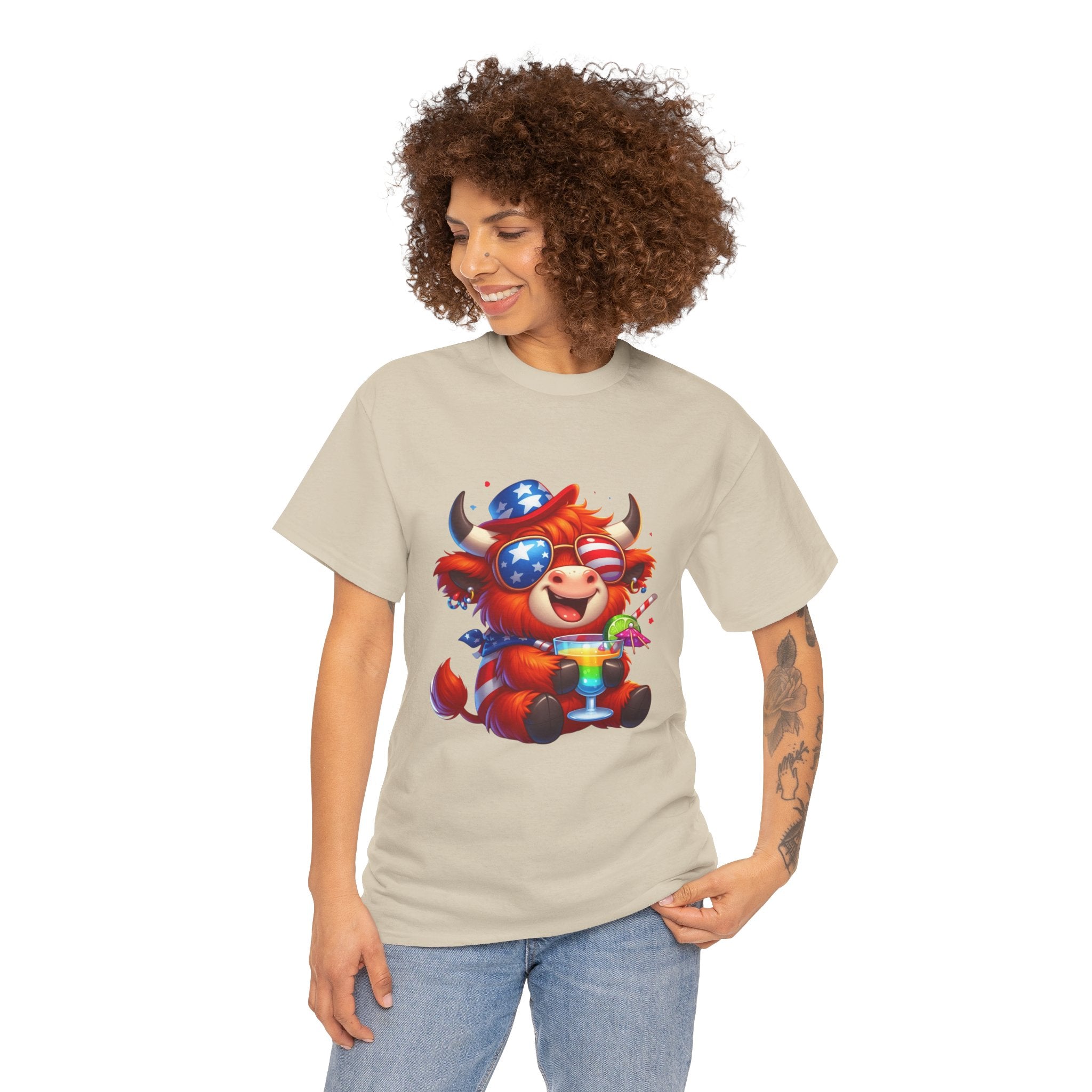 Cow Tee — Cute Patriotic Cow Holding Drink Graphic T‑Shirt