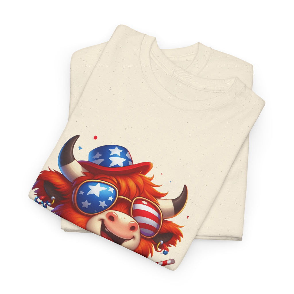 Cow Tee — Cute Patriotic Cow Holding Drink Graphic T‑Shirt