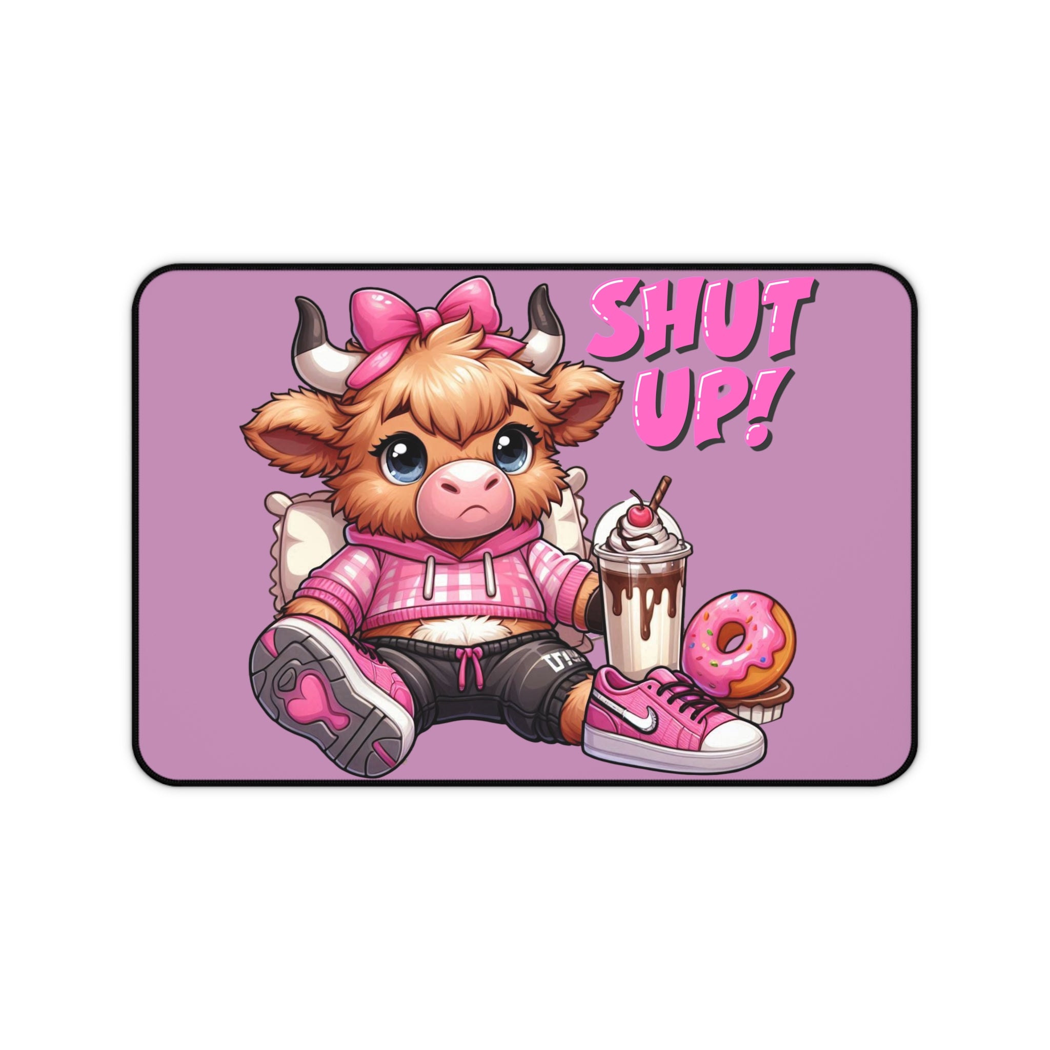 Cute Cow 'Shut Up!' Pink Desk Mat – Kawaii Gamer Mouse Pad with Donut & Milkshake