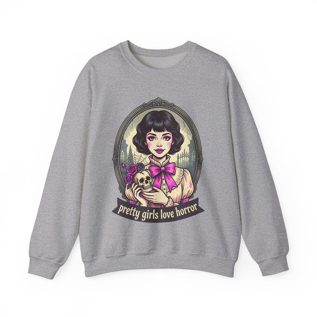 Horror Girl Crewneck Sweatshirt — "Pretty Girls Love Horror" Retro Goth Pullover