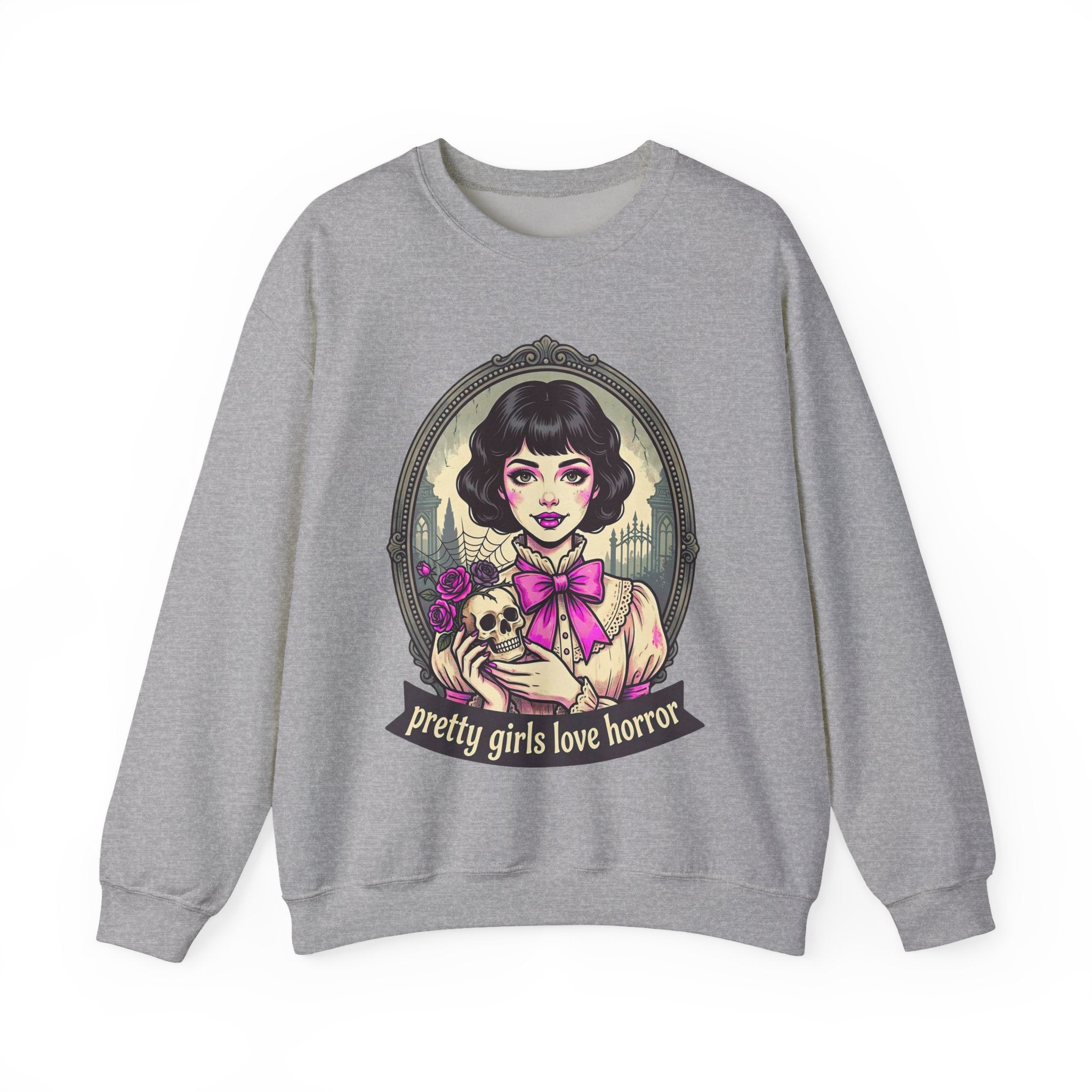 Horror Girl Crewneck Sweatshirt — "Pretty Girls Love Horror" Retro Goth Pullover