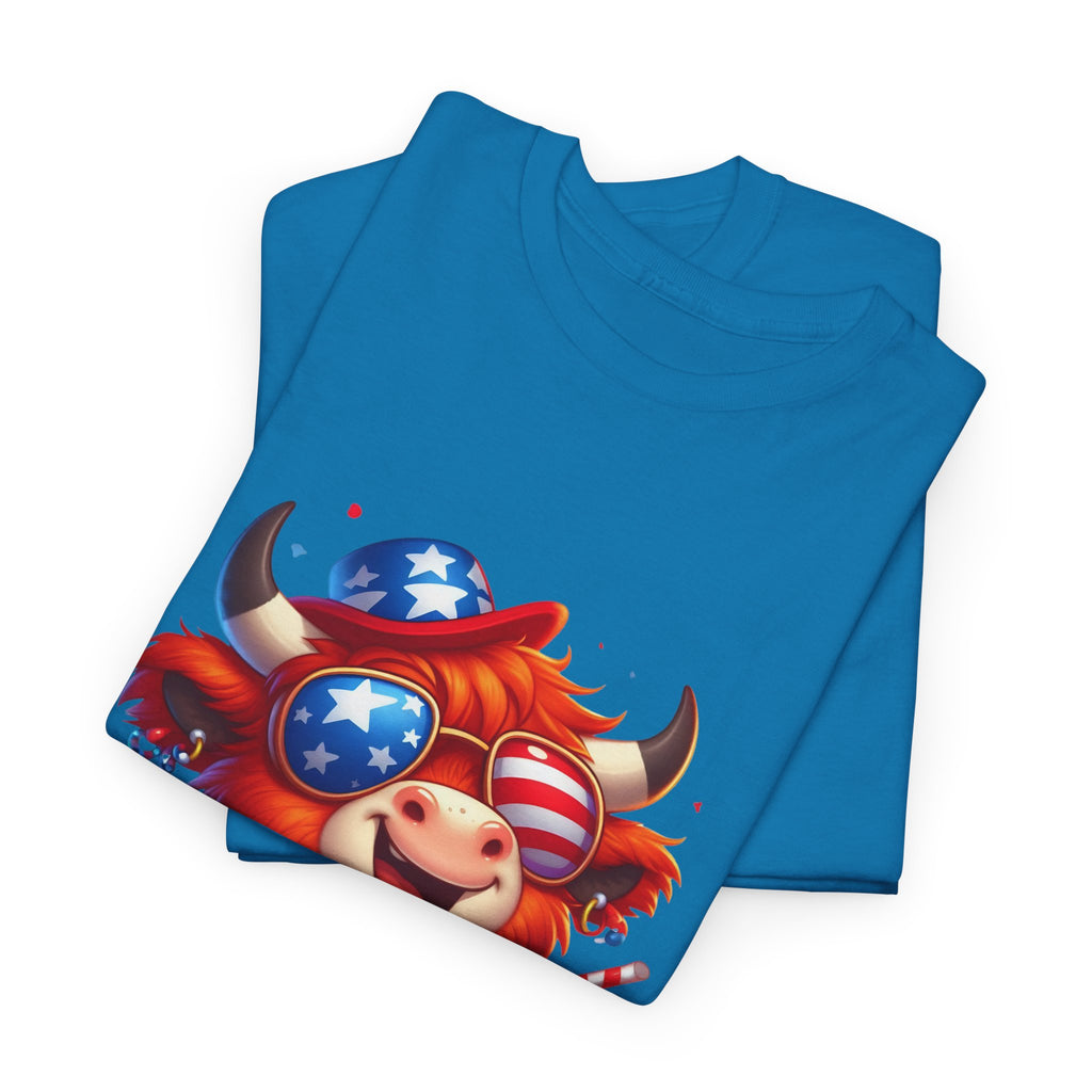 Cow Tee — Cute Patriotic Cow Holding Drink Graphic T‑Shirt