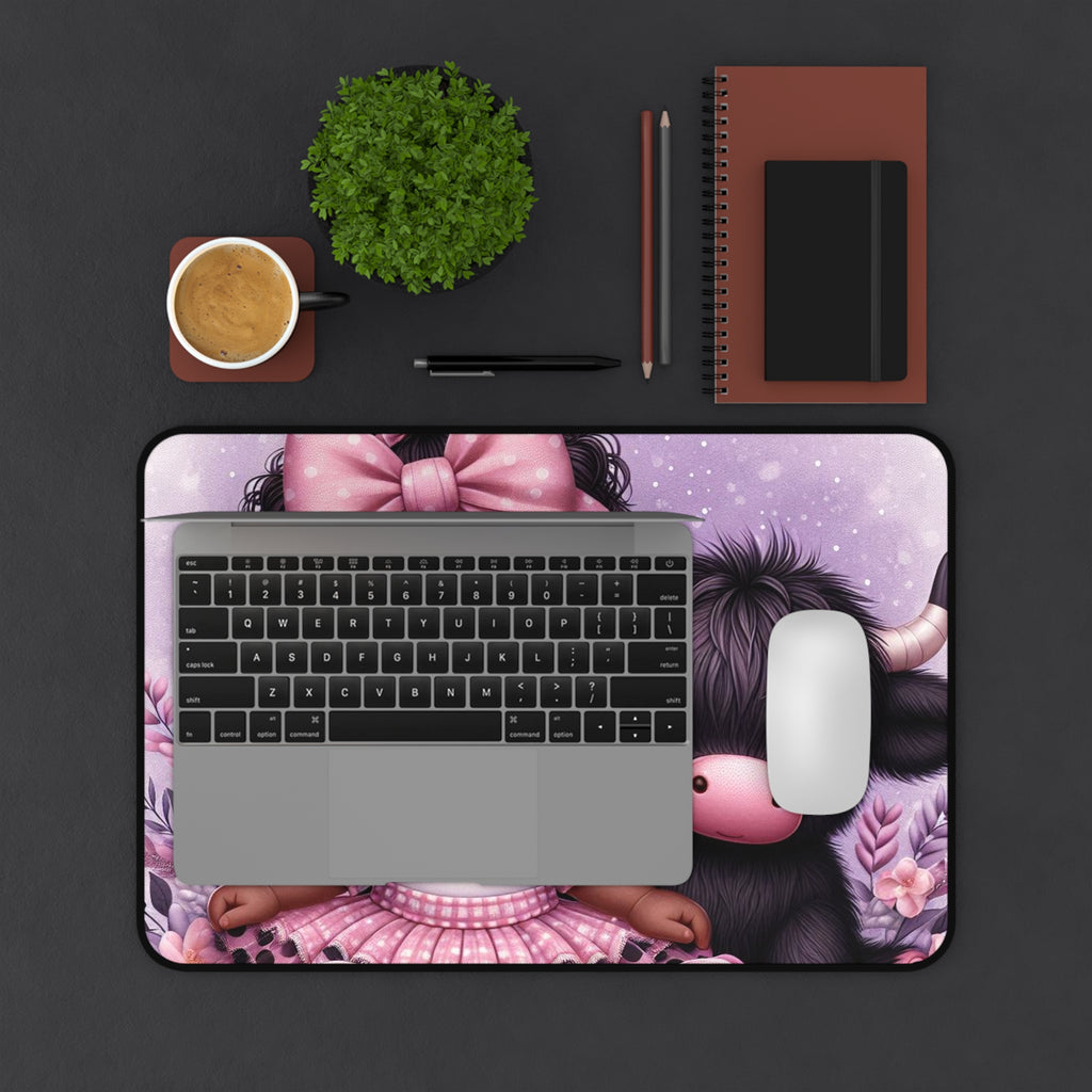 Cute Baby Girl & Highland Cow Desk Mat — Purple Nursery Mousepad for Girls, Kawaii Desk Decor