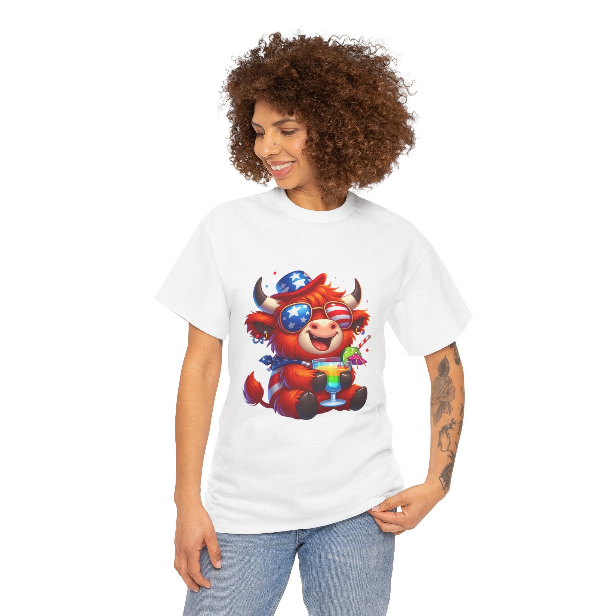 Cow Tee — Cute Patriotic Cow Holding Drink Graphic T‑Shirt