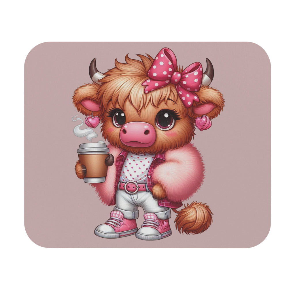 Cute Highland Cow Coffee Mouse Pad — Kawaii Pink Desk Mat for Animal Lovers