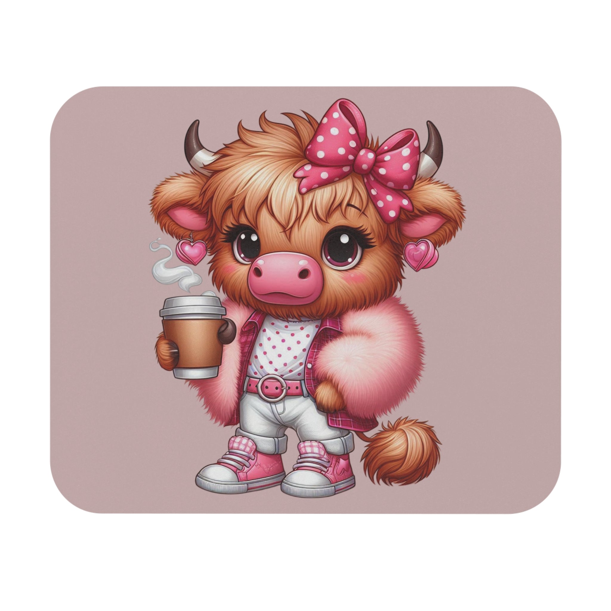 Cute Highland Cow Coffee Mouse Pad — Kawaii Pink Desk Mat for Animal Lovers